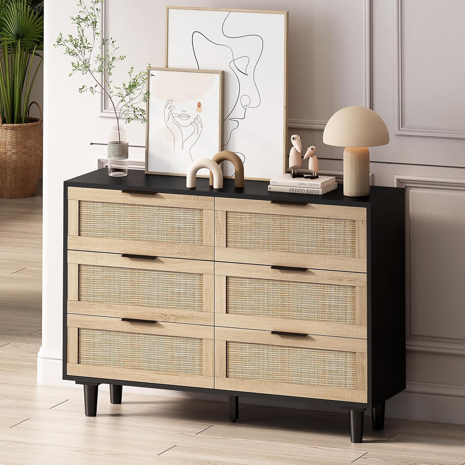 Targern Cómoda de ratán de 6 cajones, cómoda moderna de mediados de siglo con cajones anchos, armario bohemio con cajones para dormitorio, sala de