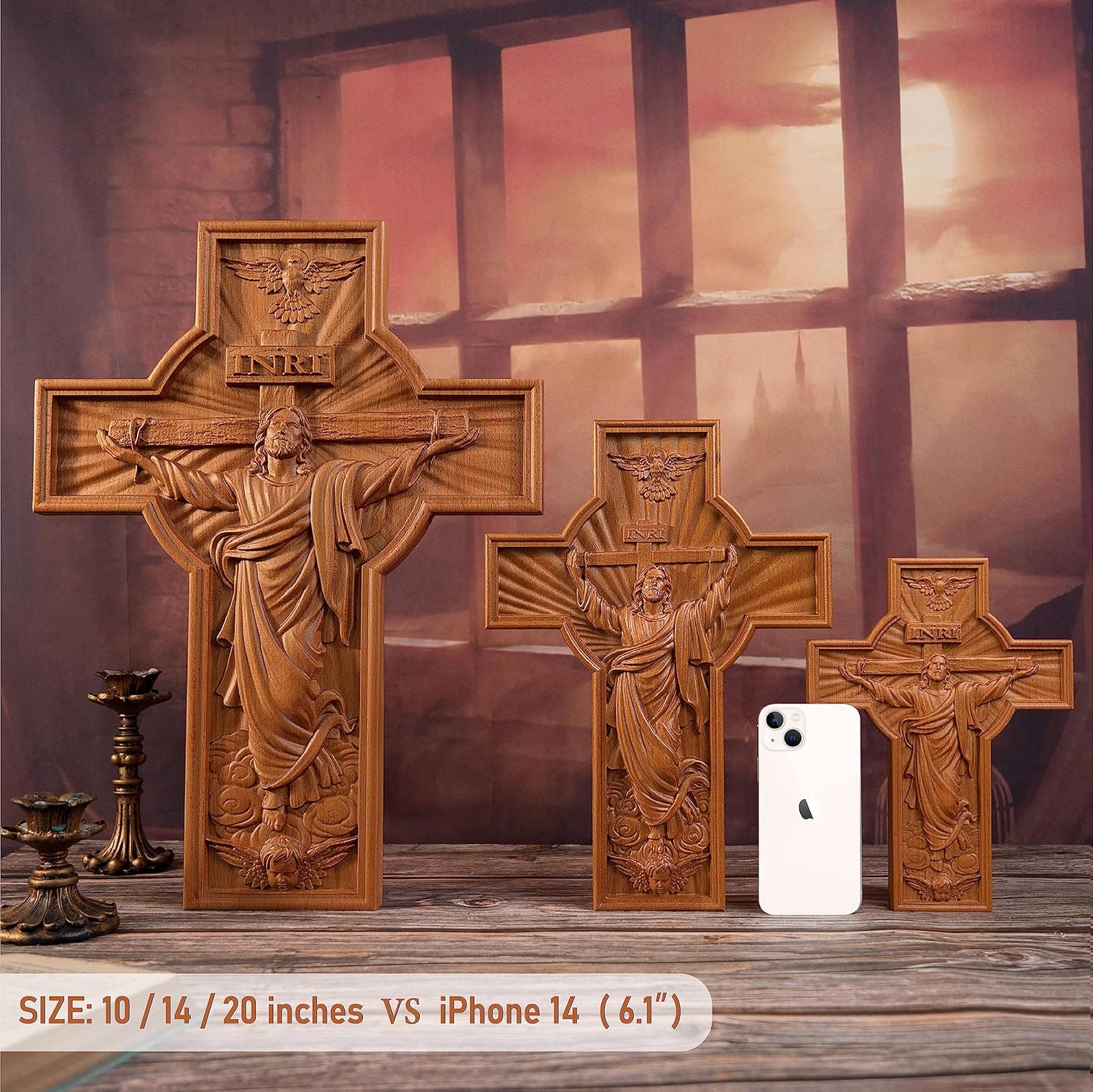 BGCOPPER Cruz de pared de crucifijo hecha a mano con gancho, cruz de Jesús INRI, decoración Wll para iglesia, hogar, habitación, regalos de Navidad