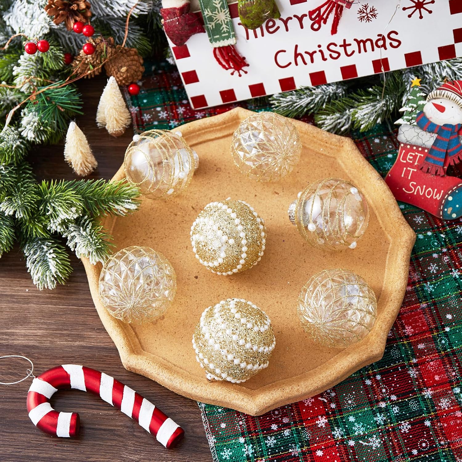 Adornos de bola de Navidad de 12 quilates, color dorado, inastillables, de plástico transparente, grandes, decoración de árbol de Navidad, delicados