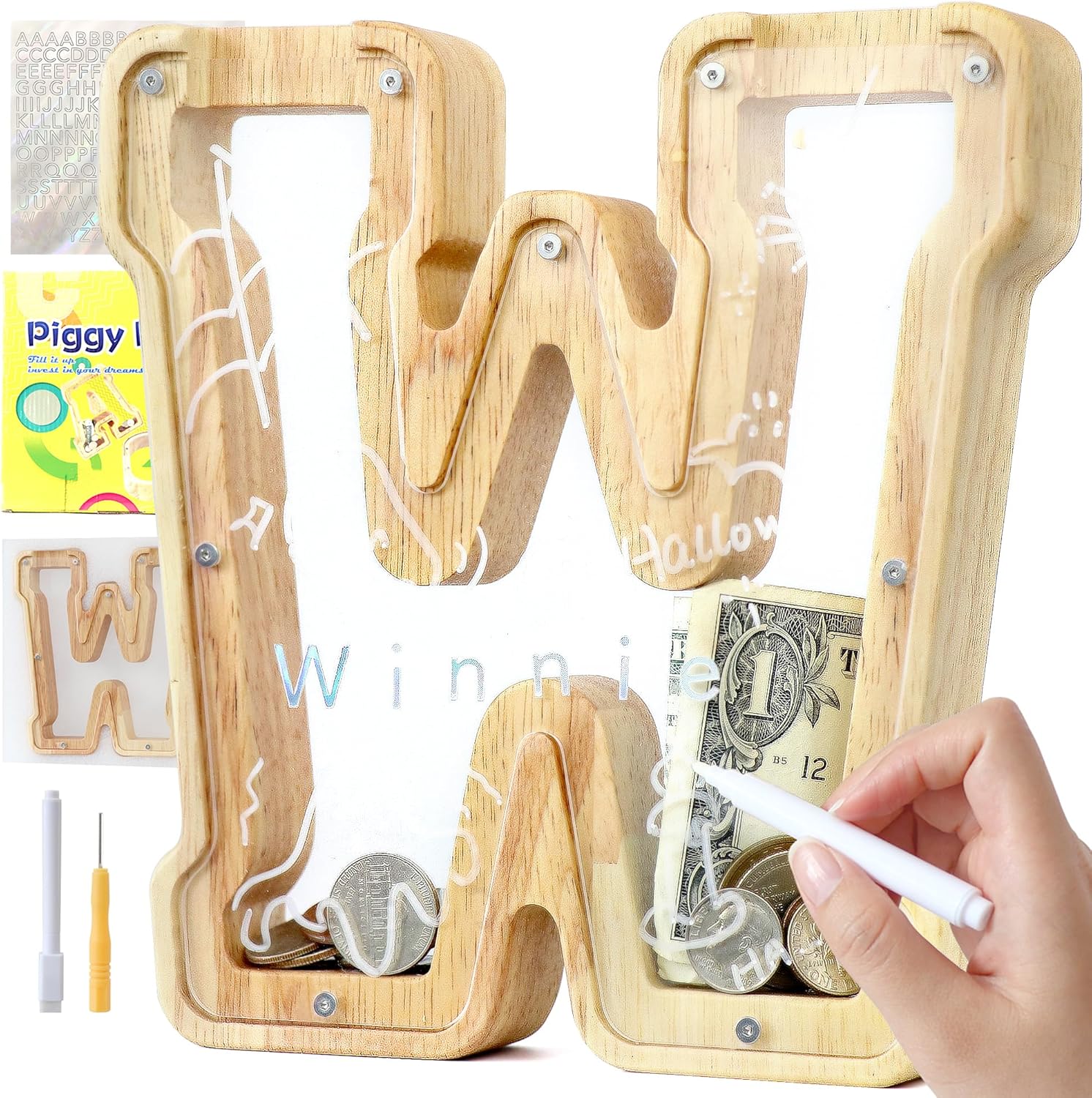 Alcancía con letras para niños y niñas, de madera personalizada de la A a la Z, banco de billetes del alfabeto transparente, para decoración de