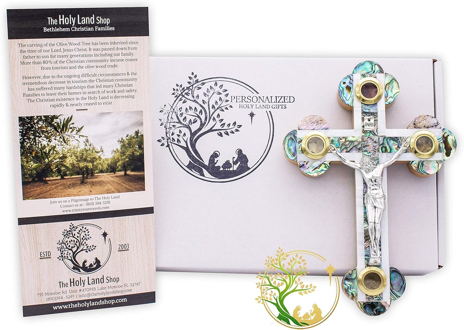 Cruz de madreperla católica de madera de olivo – Crucifijo de pared con reliquias de Tierra Santa