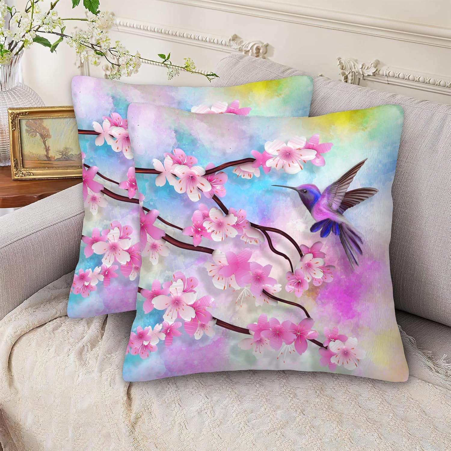 SKYDAWNY Juego de 2 fundas de almohada decorativas de 18 x 18 pulgadas, diseño de flor de cerezo para el hogar, sala de estar, cama, sofá,