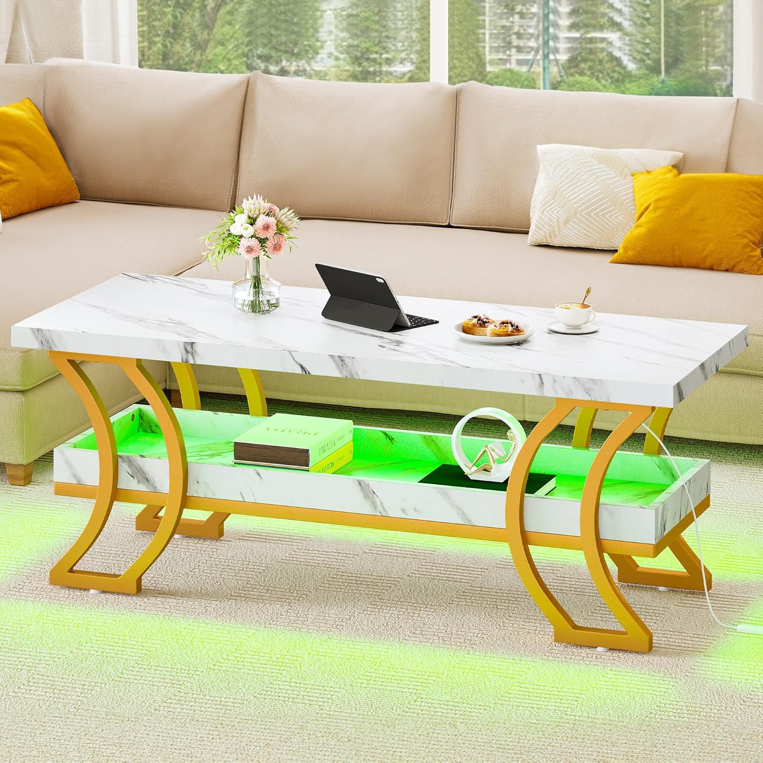 YITAHOME Mesa de centro modernas para sala de estar, mesa de centro de mármol blanco, mesa de centro LED con almacenamiento, mesa central de madera