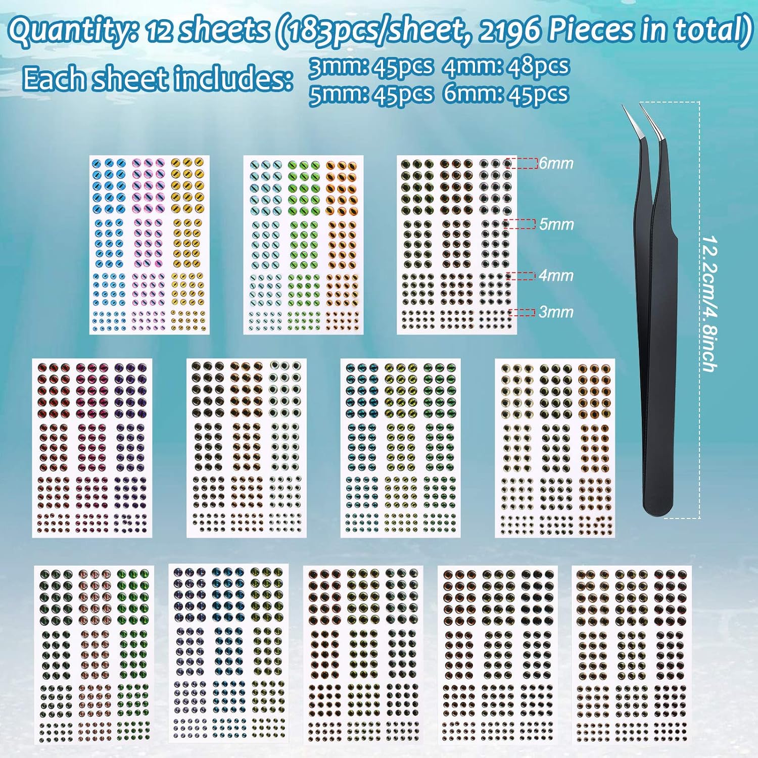 Skylety 2196 piezas de señuelos de pesca artificiales 3D, surtido de ojos de pesca con 1 pinza para cebos de pesca, accesorio de bricolaje, 0.118