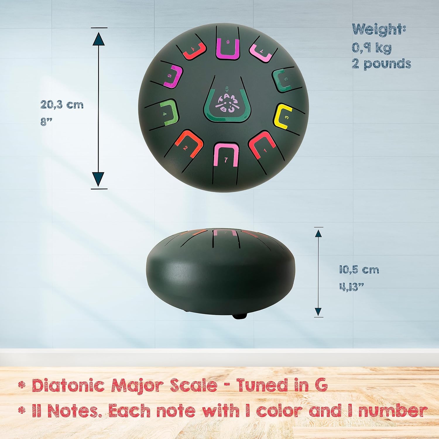 TAMBÚ Steel Tongue Drum in G Major. 8 inch metallic percussion instrument with 11 notes. Handpan Perfect for beginners. Travel Bag, Music Book,
