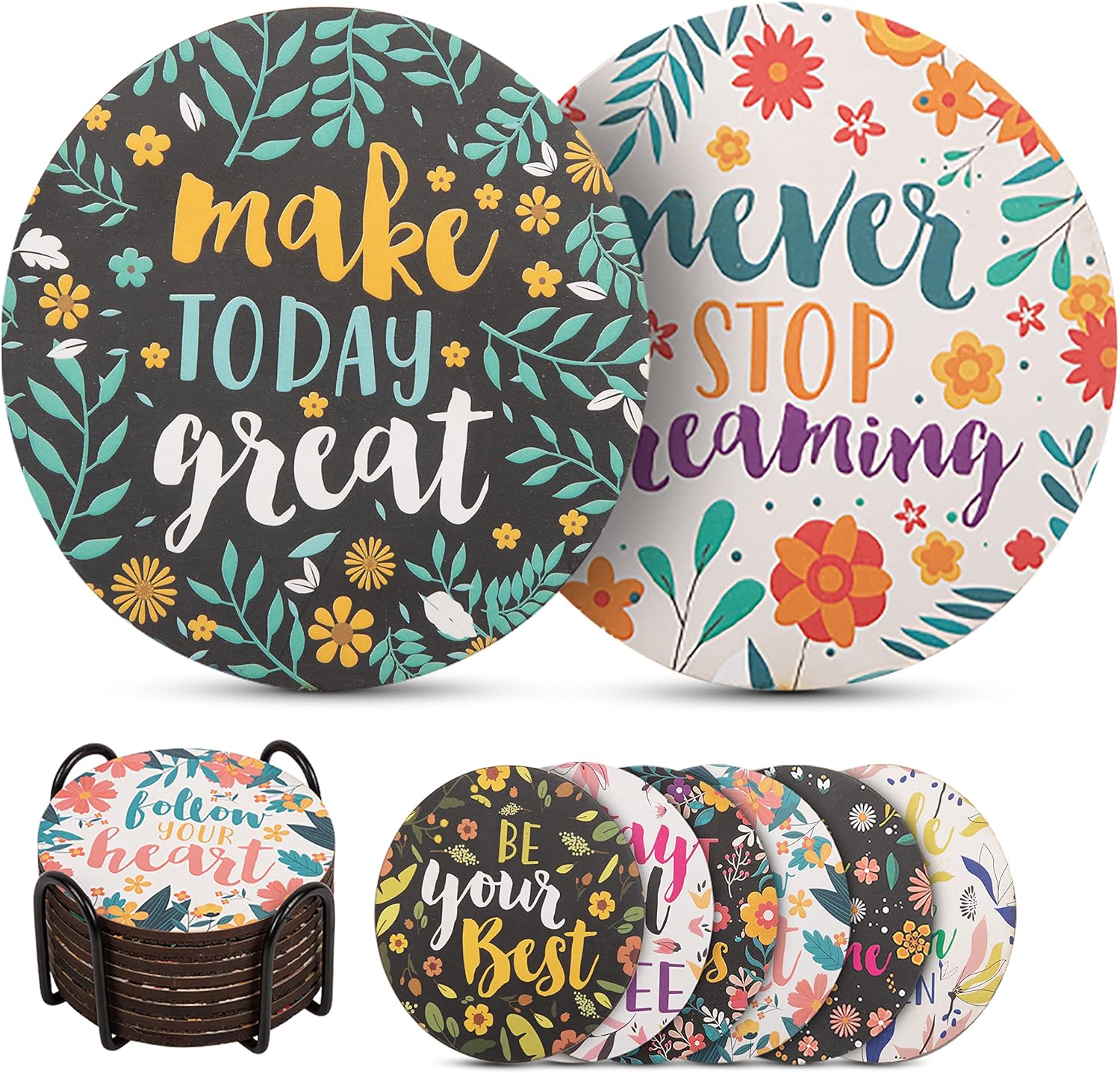 Good vibes – Juego de 8 posavasos para bebidas, base de corcho absorbente para protección de mesa, hecho de madera de ingeniería, ideal para