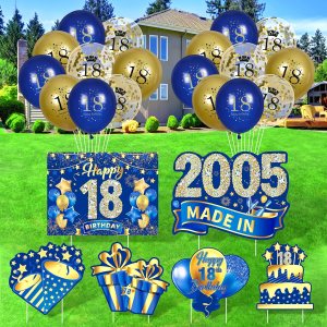 Decoraciones azules de cumpleaños número 18 para niños y niñas, 6 unidades, azul marino, dorado, feliz cumpleaños 18 con estacas y 18 globos de Decoraciones azules de cumpleaños número 18 para niños y niñas, 6 unidades, azul marino, dorado, feliz cumpleaños 18 con estacas y 18 globos de