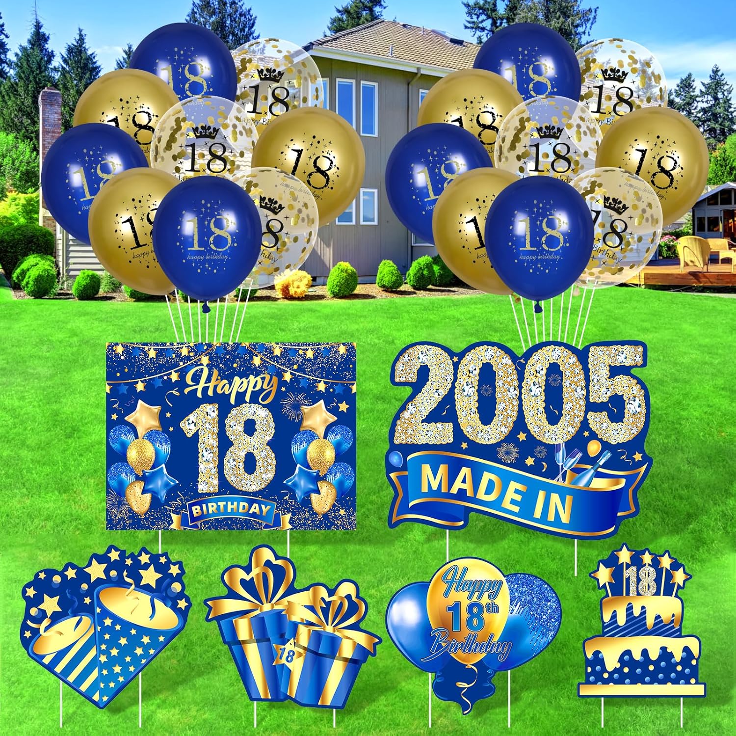 Decoraciones azules de cumpleaños número 18 para niños y niñas, 6 unidades, azul marino, dorado, feliz cumpleaños 18 con estacas y 18 globos de