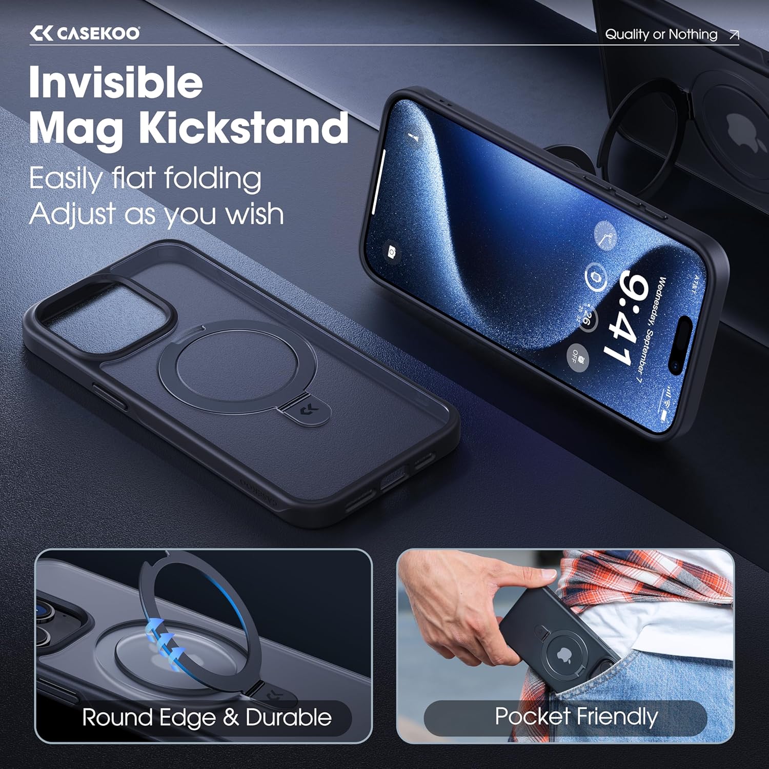 CASEKOO Funda con anillo magnético oficial original para iPhone 15 Pro Max protección militar contra caídas compatible con MagSafe Funda delgada