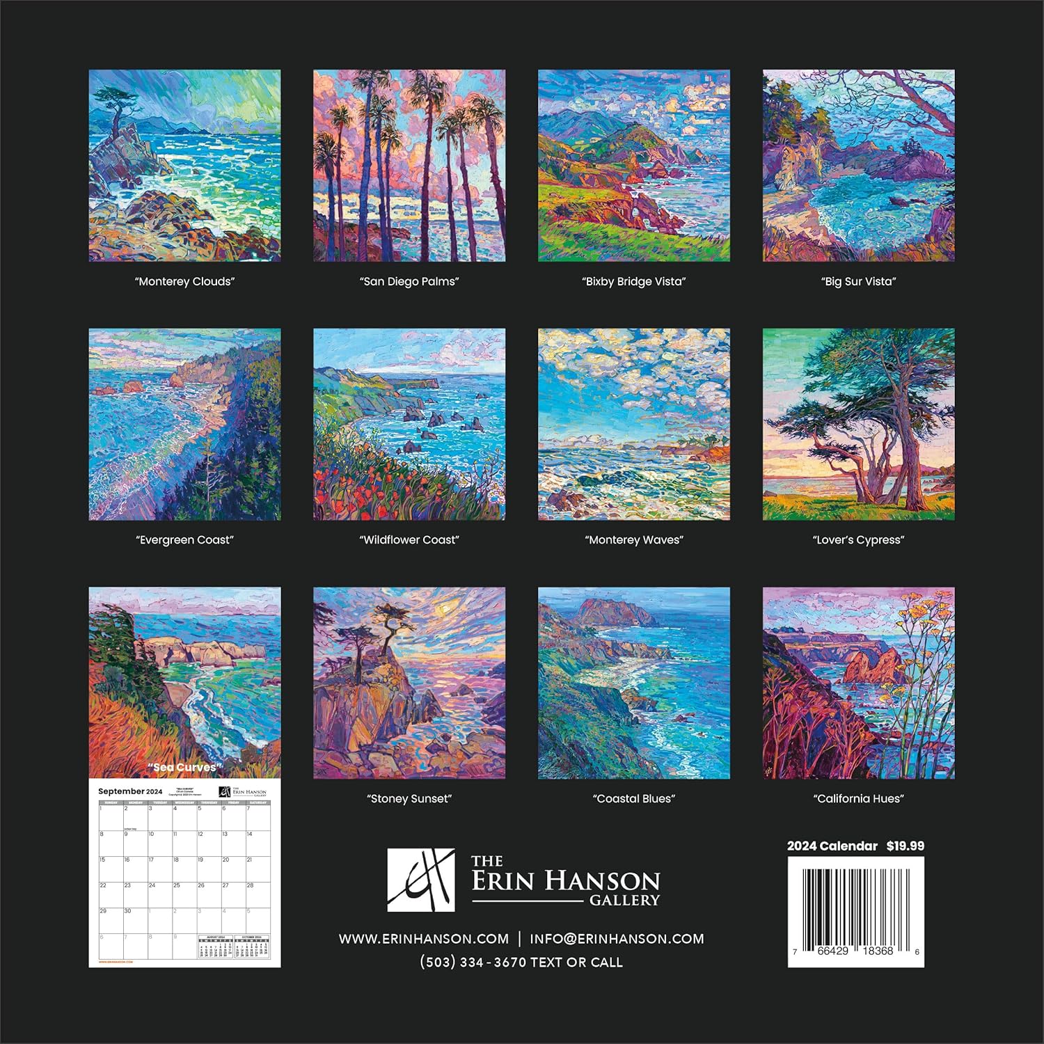 Calendario Erin Hanson 2024 de paisajes costeros de California, bellas artes, calendario de pared grande con pinturas costeras impresionistas