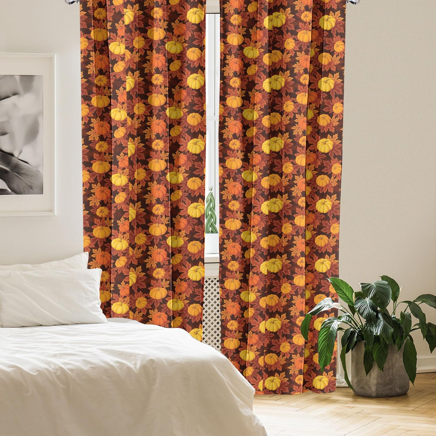 Lunarable Cortinas de calabaza, ilustración otoñal con hojas de arce, plantas de calabaza, patrón de colores cálidos, tratamientos de ventana, juego
