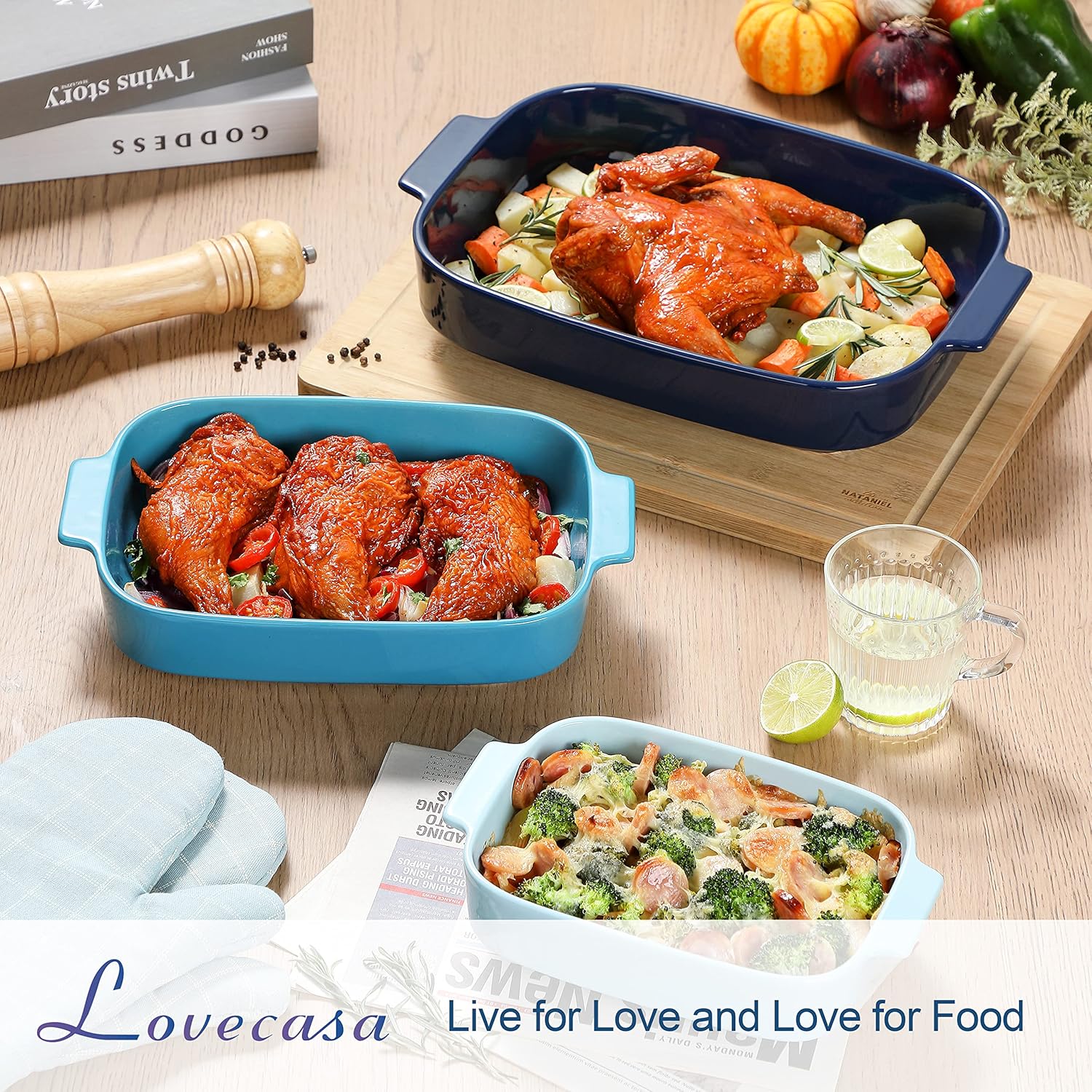 LOVECASA Juego de 3 cacerolas para horno, platos de cerámica para hornear, sartenes rectangulares para lasaña profundas con asas, moldes para