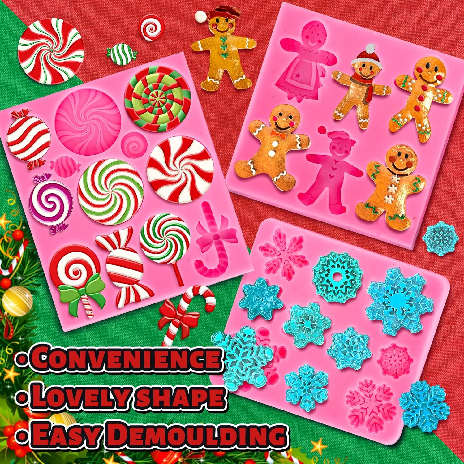 Whaline Molde de silicona para caramelo de Navidad, 3 unidades, molde de silicona de copo de nieve de hombre de jengibre rosa, molde de caramelo de