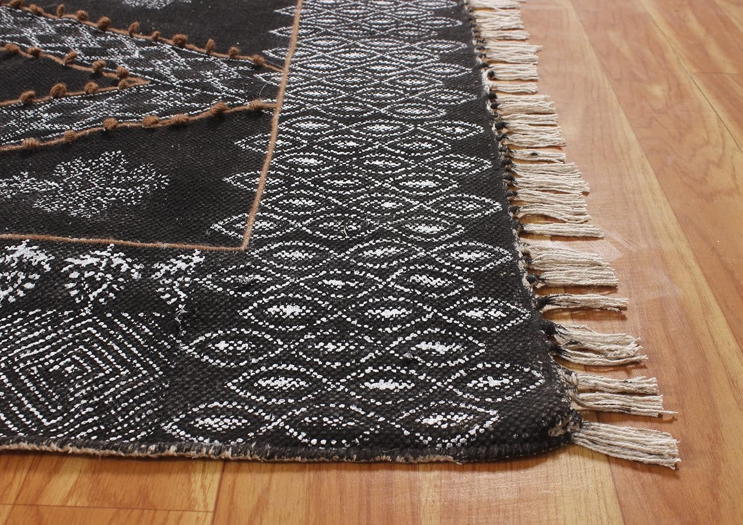 CASAVANI Collection – Alfombra cuadrada de 9 x 9 pies, alfombra geométrica Kilim Dhurrie de algodón negro, alfombra de uso para interiores y