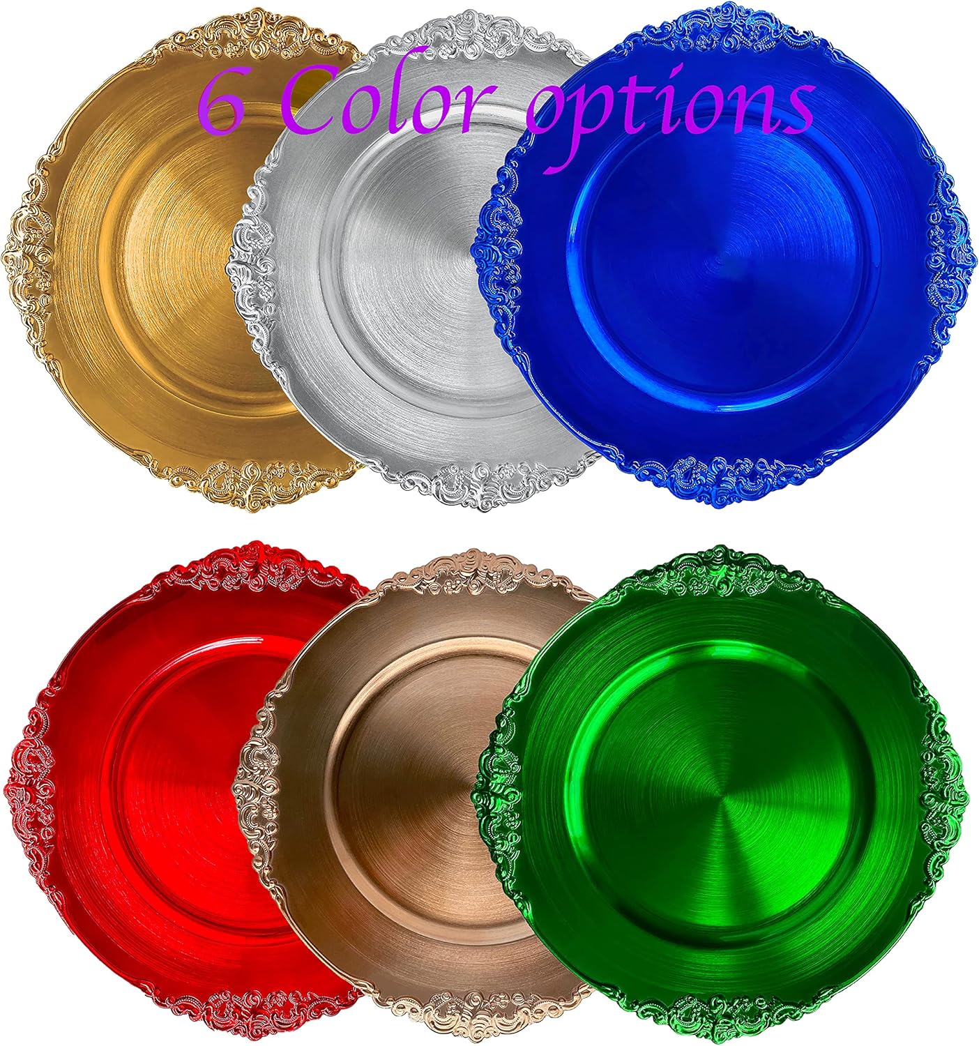Henilosson Platos de carga plateados – Cargadores de platos antiguos para platos llanos – Juego de 6 cargadores de cena (6, plateado)