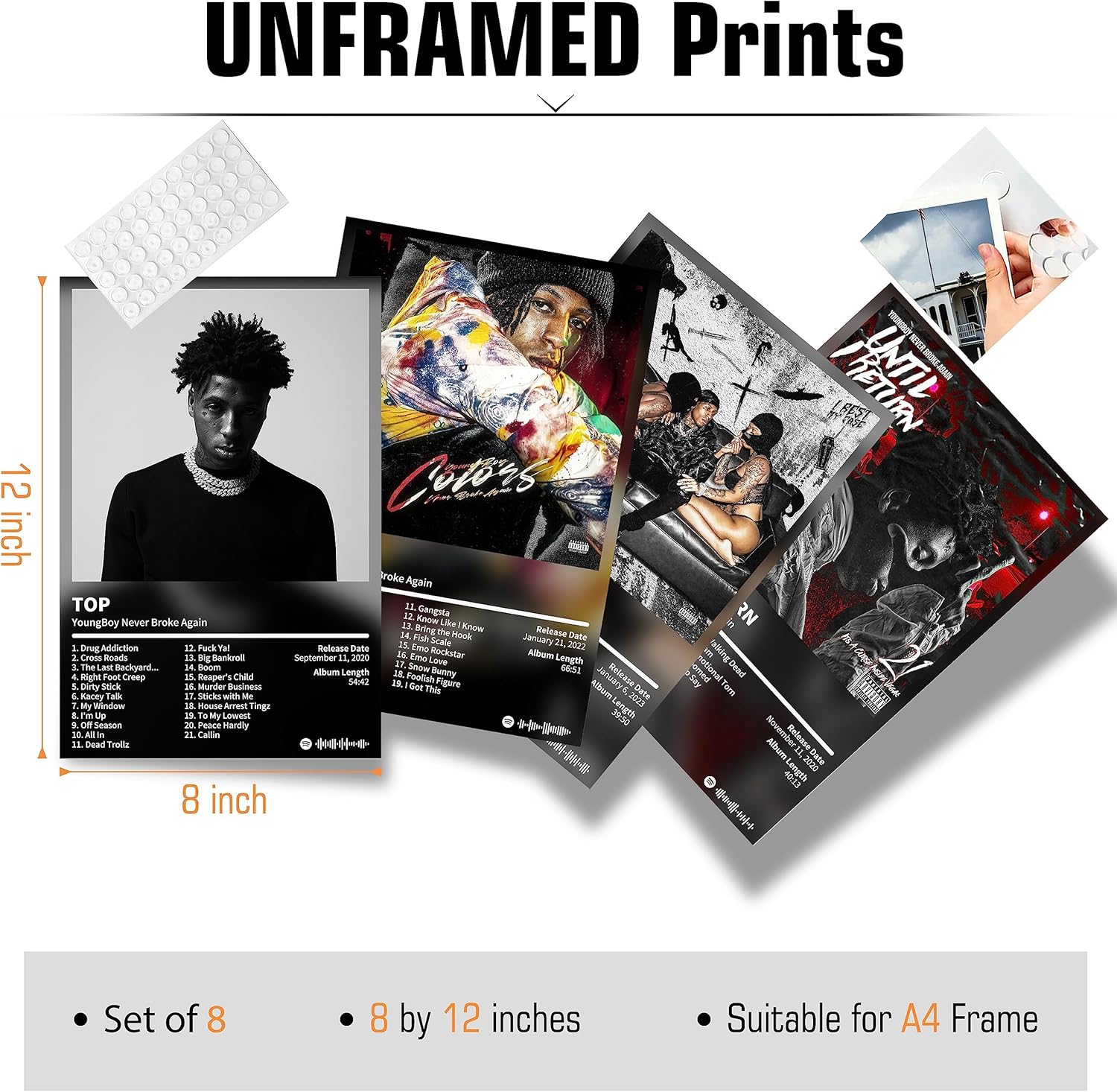 Enimoud Pósteres de la NBA Youngboy para portada de álbum, pósteres de rapero para habitación, juego de 8 arte de pared para niñas y niños,