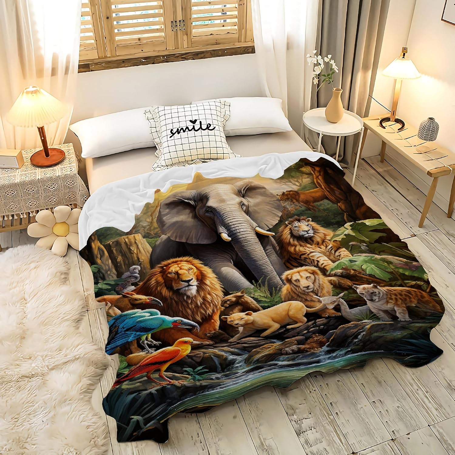 Manta de franela ultrasuave de forro polar con animales modernos, safari, gato salvaje, león, África, para todas las estaciones, manta cálida y