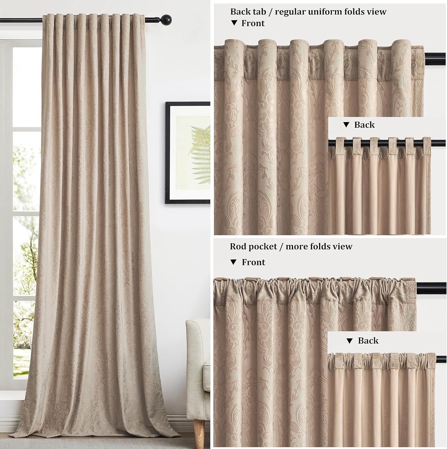 GIGIZAZA Cortinas de terciopelo beige de 84 pulgadas de largo para sala de estar, 2 paneles de cortinas bohemias de lujo con estampado de flores en