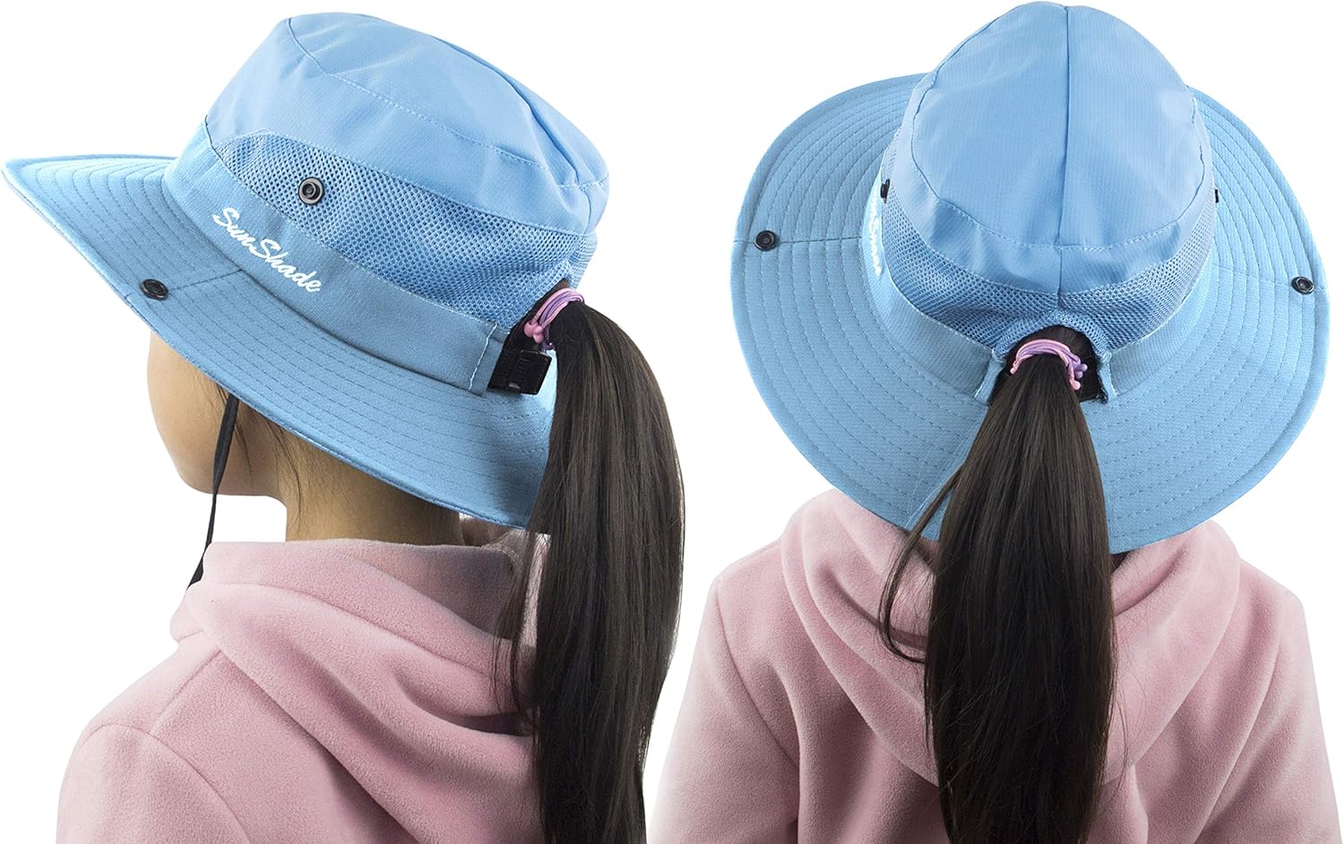 Sombrero de sol para niños y niñas, protección UV, gorra de playa de ala ancha con agujero para cola de caballo