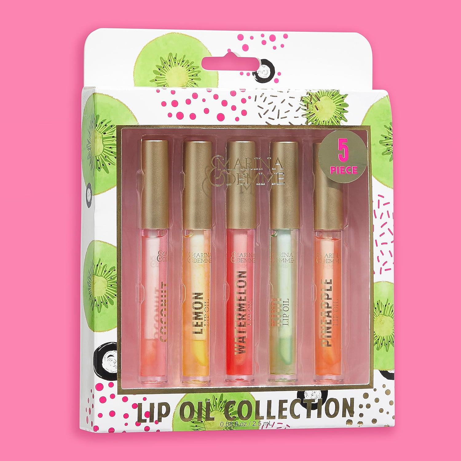 Marina and Demme Colección de 5 piezas de aceites labiales tropicales juego de 5 brillos labiales vibrantes en tubos aptos para viajes (0.1 fl oz