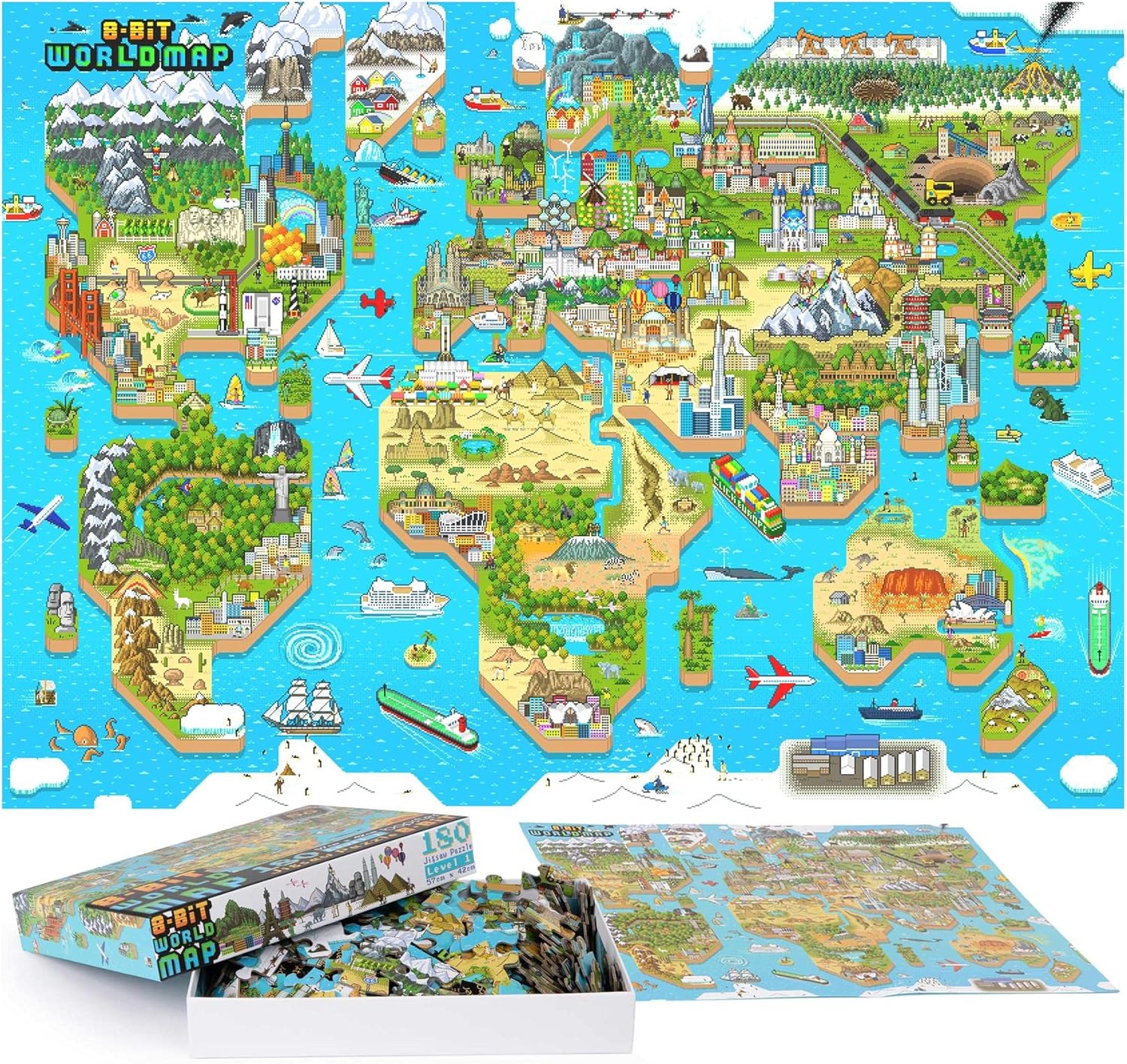 Rompecabezas para niños de 4 a 8 años, rompecabezas de mapa del mundo de 180 piezas, estilo retro de 8 bits, rompecabezas para niños con 50 personas