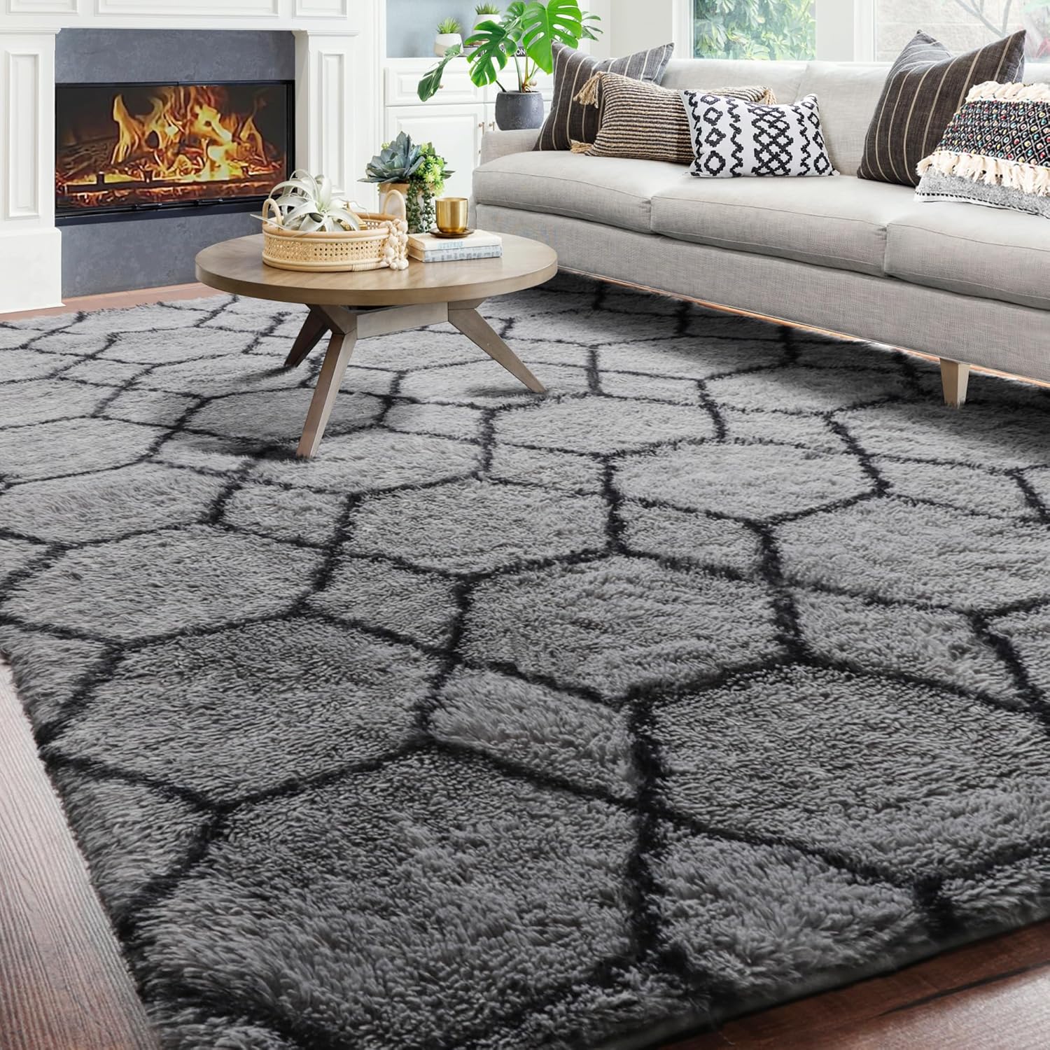Alfombra grande y moderna para sala de estar, dormitorio, alfombra de suelo de 6 x 9 pies, alfombra gris y negra, alfombra geométrica marroquí para