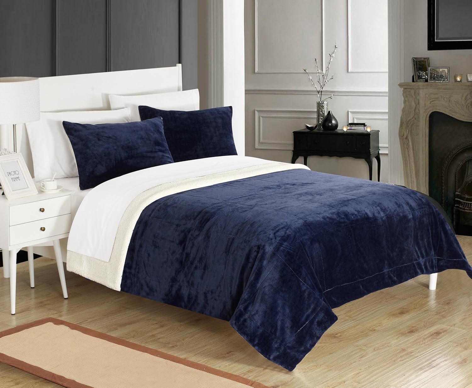 Chic Home Evie Juego de cama 3 piezas microgamuza acolchada sherpa manta y fundas de almohada incluidas