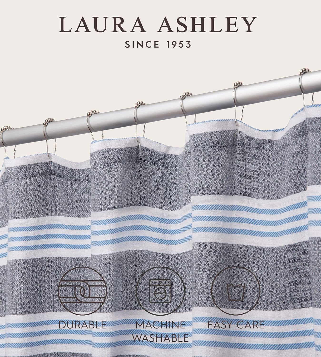 Laura Ashley – Cortina de ducha tejida a rayas  Elegante decoración de baño  Lavable a máquina  Mide 72 x 72 pulgadas  Mezcla de algodón  Azul