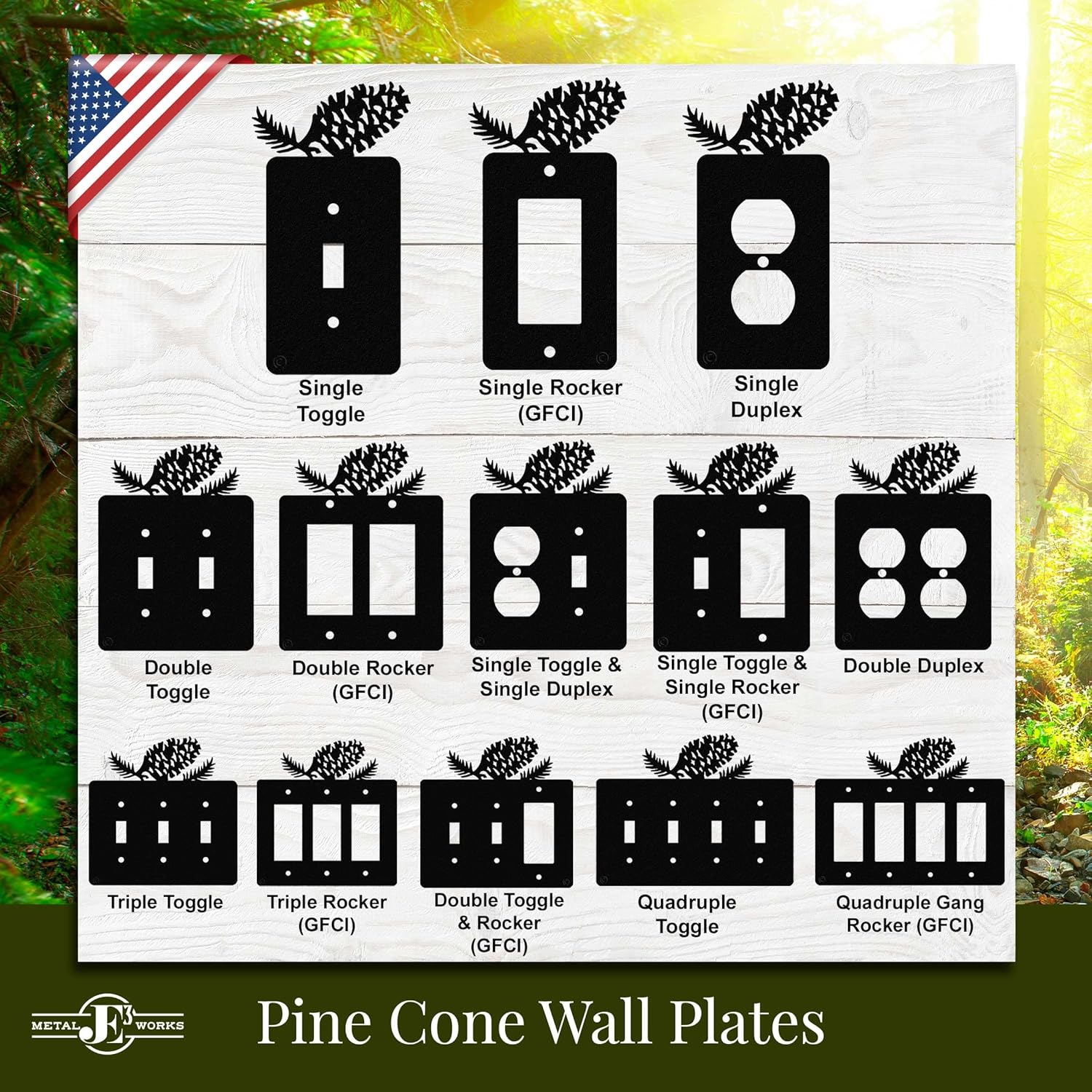 Placa de pared para interruptor de luz de palanca doble de cono de pino (palanca doble, negro) – Fabricado en Estados Unidos