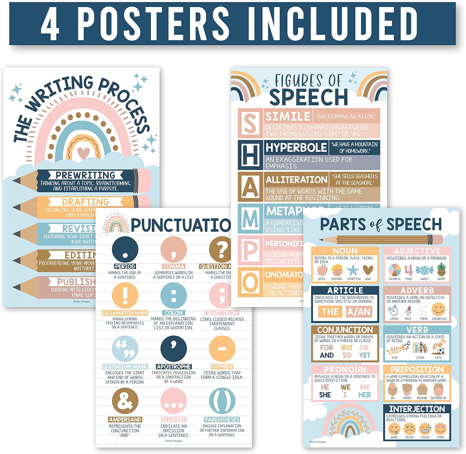 Hadley Designs 4 carteles de gramática boho para artes del lenguaje, aula ELA, partes de carteles de discurso para primaria, carteles de puntuación,