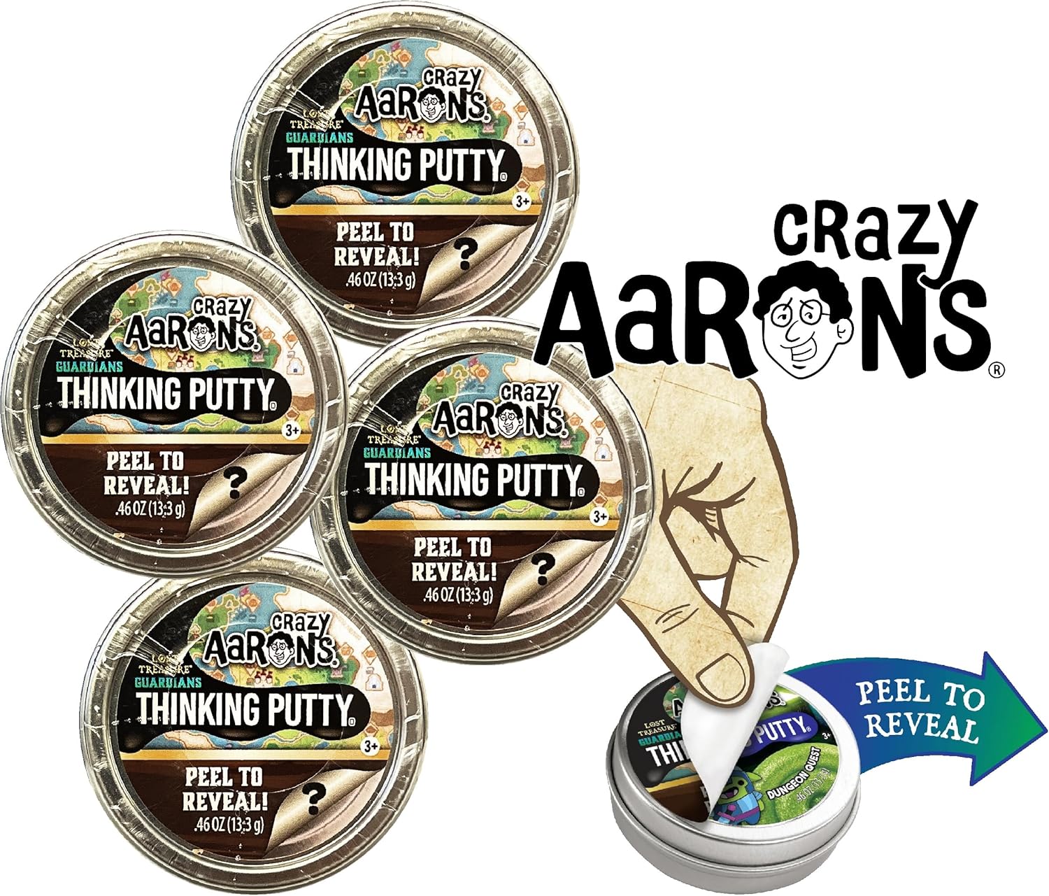 Crazy Aaron’s Putty Mini Latas Lost Treasure Guardians Peel to Reveal Putty and Charms (Colecciona los 10) Set de Regalo para Fiesta  Paquete de 4