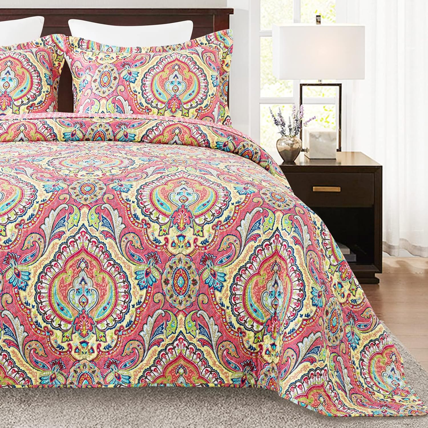 Juego de ropa de cama de microfibra tamaño Queen para cama, colcha reversible acolchada bohemia