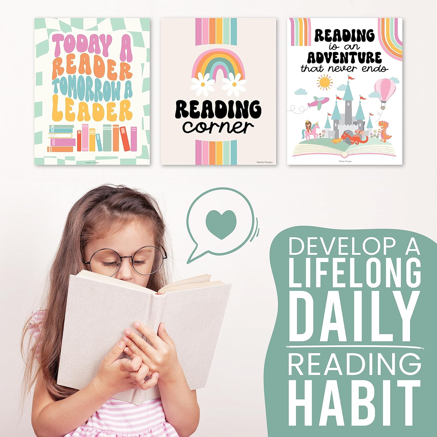 Hadley Designs 6 carteles de lectura retro para decoración de biblioteca de aula para la escuela, carteles de lectura para escuela primaria, juegos