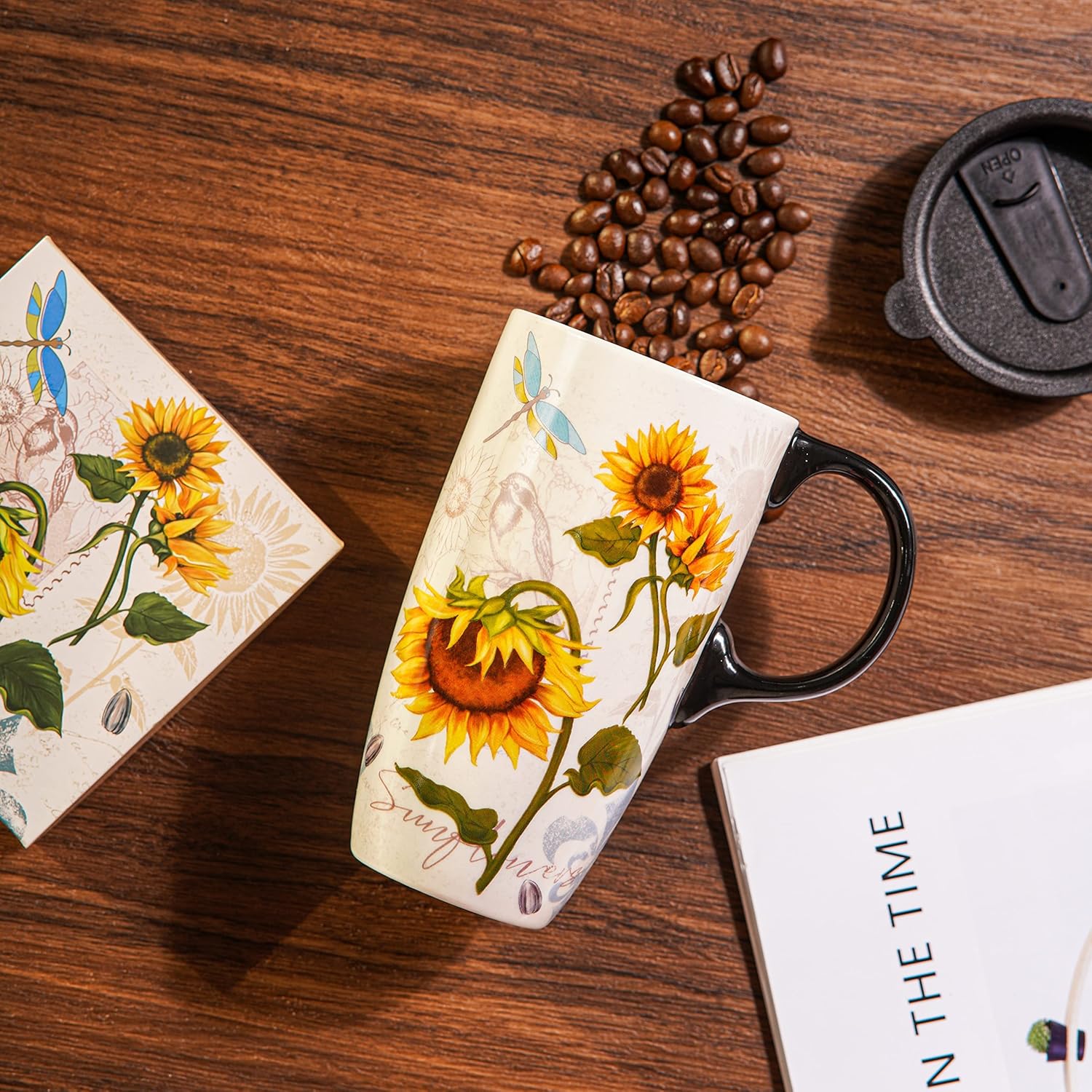 DUSVALLY Taza de café de cerámica con tapa, taza de té de latte de porcelana con asa 16.9 fl oz17 oz, girasol, regalos para mamá