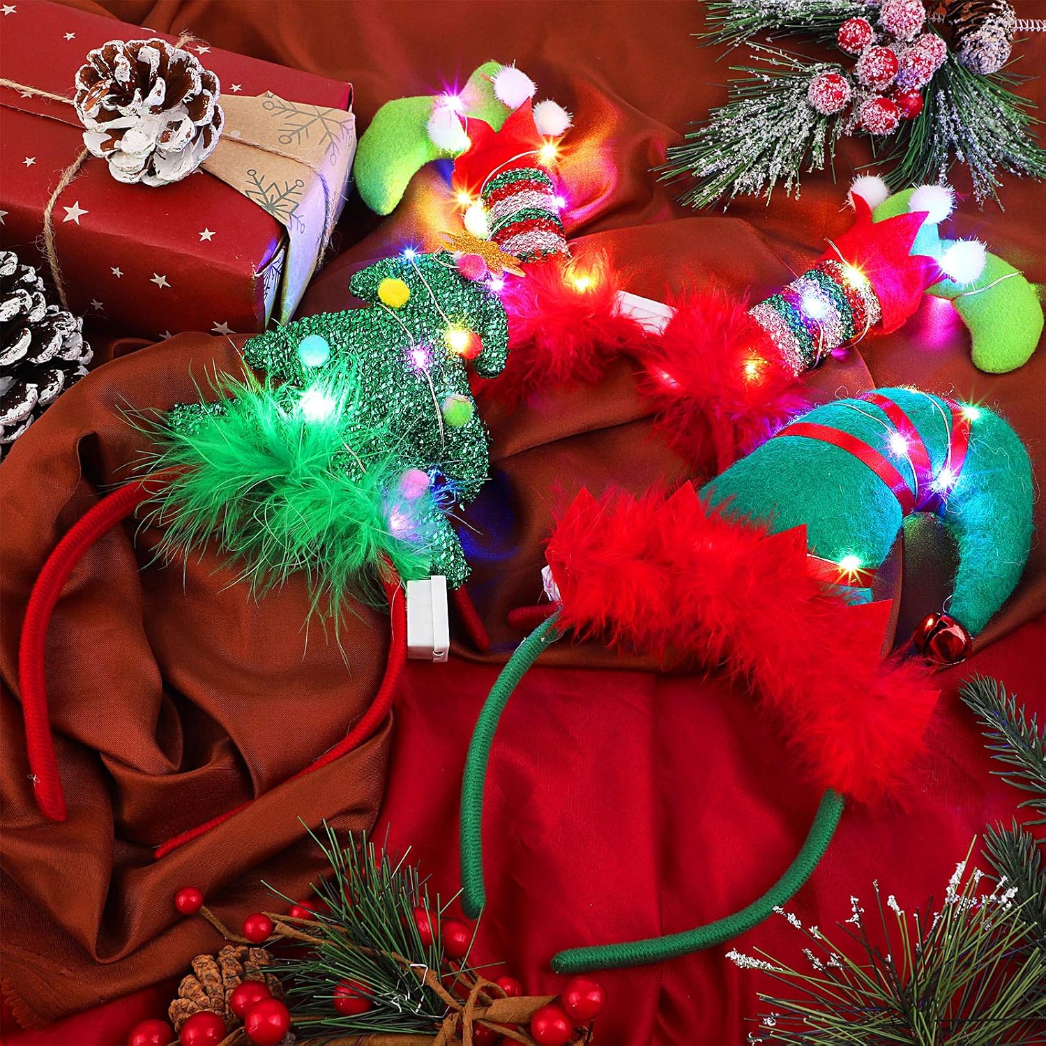 ELCOHO Paquete de 6 diademas LED de Navidad con luz para disfraz de reno, lazo de Navidad, disfraz de elfo, bandas para el pelo para fiestas de