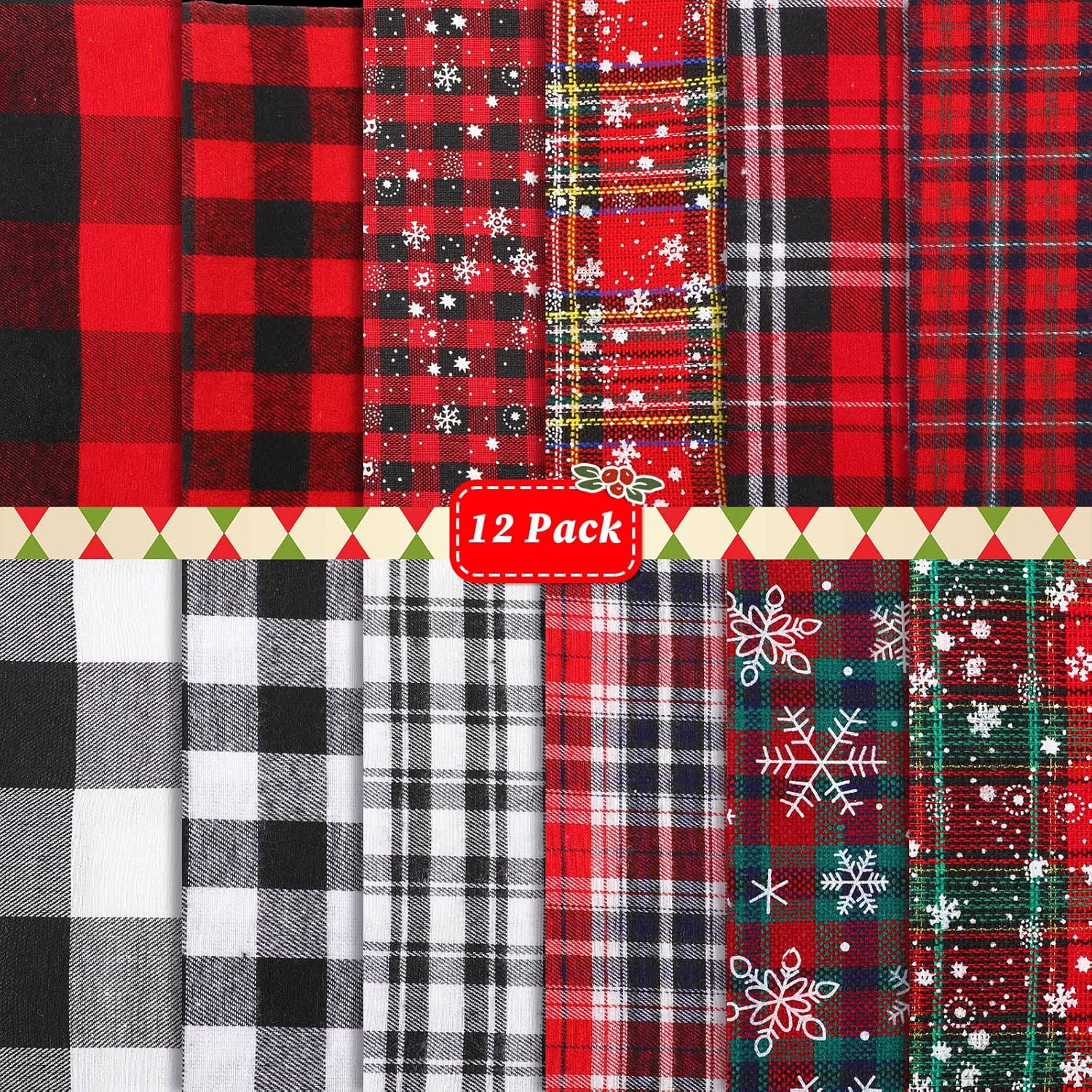 Tatuo Paquete de 12 piezas de tela gruesa de Navidad, cuadriculados de algodón, 19.5 x 15.7 pulgadas, tela de acolchado teñida con hilo para