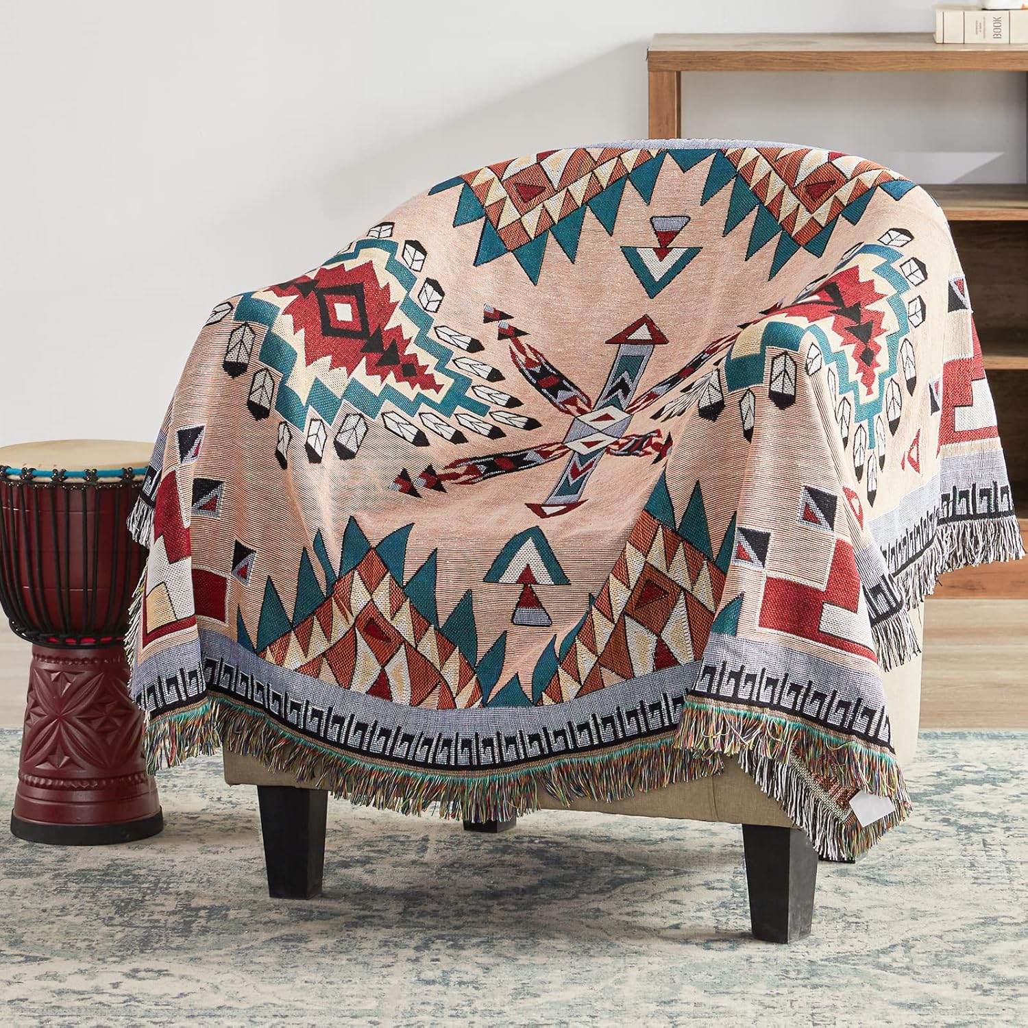 Touchat Manta de nativos americanos, manta bohemia para sofá y cama, manta mexicana decorativa de granja, manta tejida de decoración del suroeste,