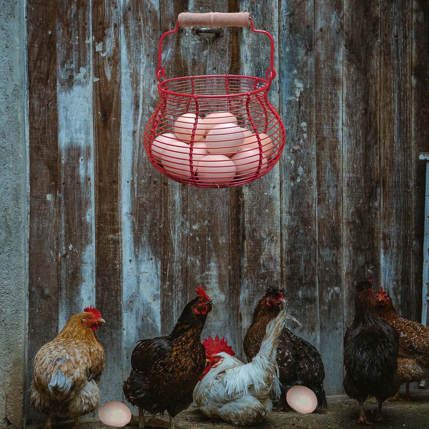 Cesta de huevos para recoger huevos frescos, cesta de recolección de huevos, color rojo, cesta redonda de alambre de metal de pollo para soporte de