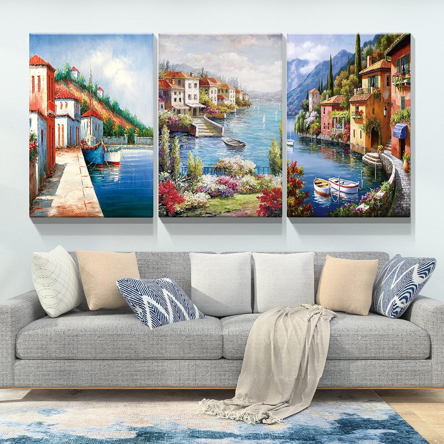 Denozer – Lienzo decorativo para pared de 3 piezas – Lienzo de ciudad europea, arte de pared con flores costeras, jardín, pintura de reproducción