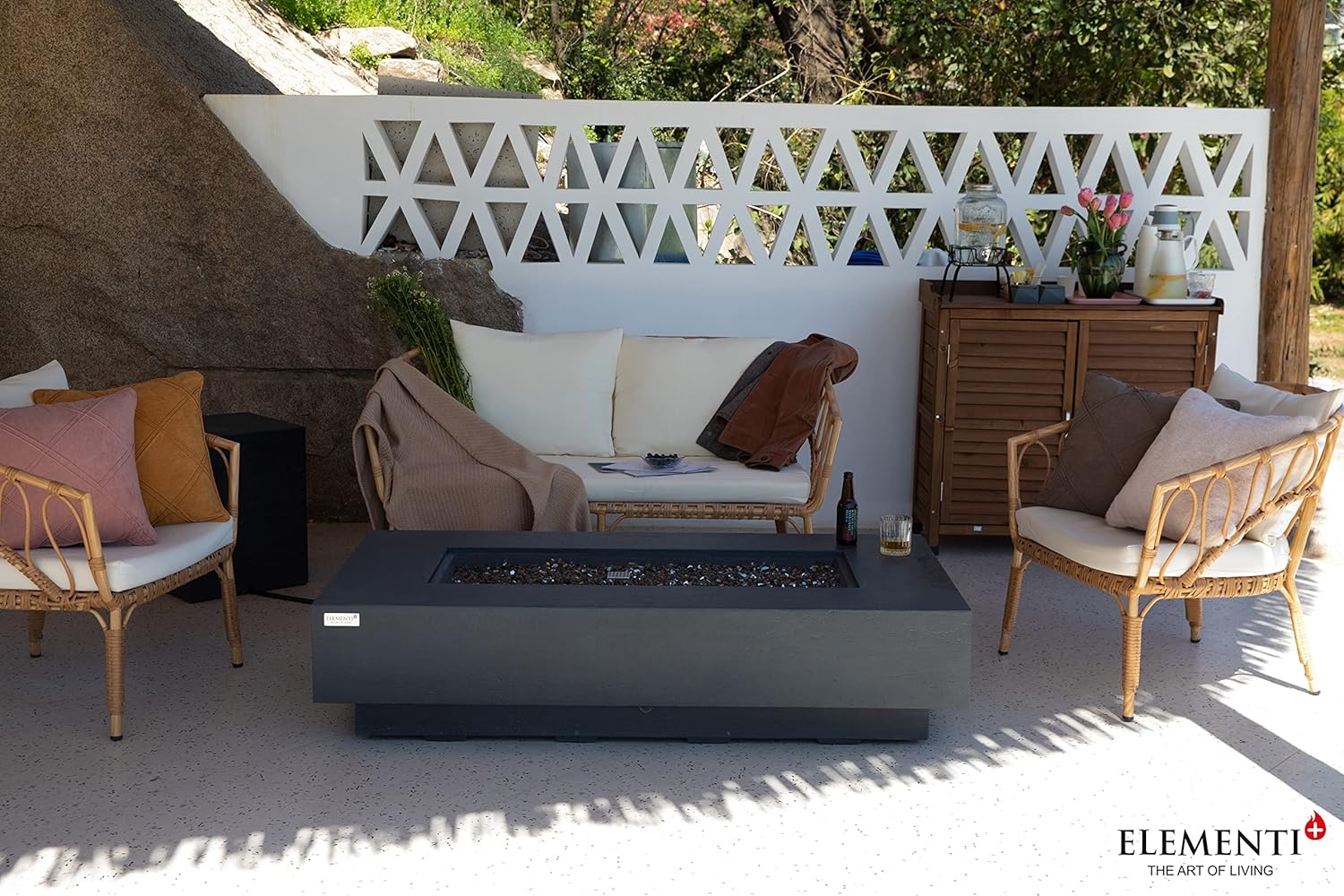 AMS Chimenea Elementi  Mesa de hormigón de gas natural para patio exterior  Cubierta de lona, roca de lava, tapa de quemador de aluminio y válvula