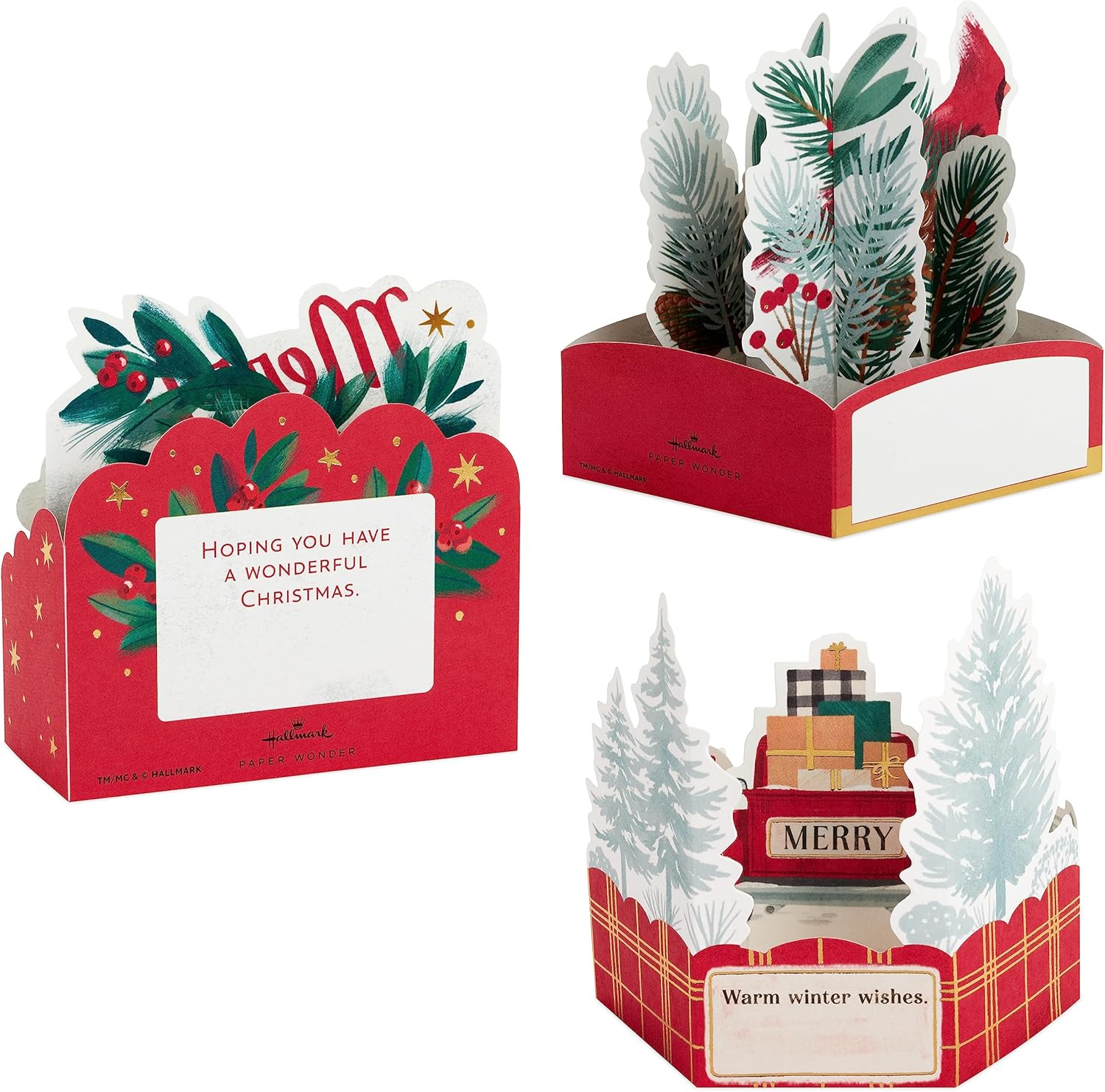 Hallmark Paper Wonder – Mini tarjetas de Navidad emergentes (3 tarjetas con sobres camión rojo, cardenal, feliz y brillante)