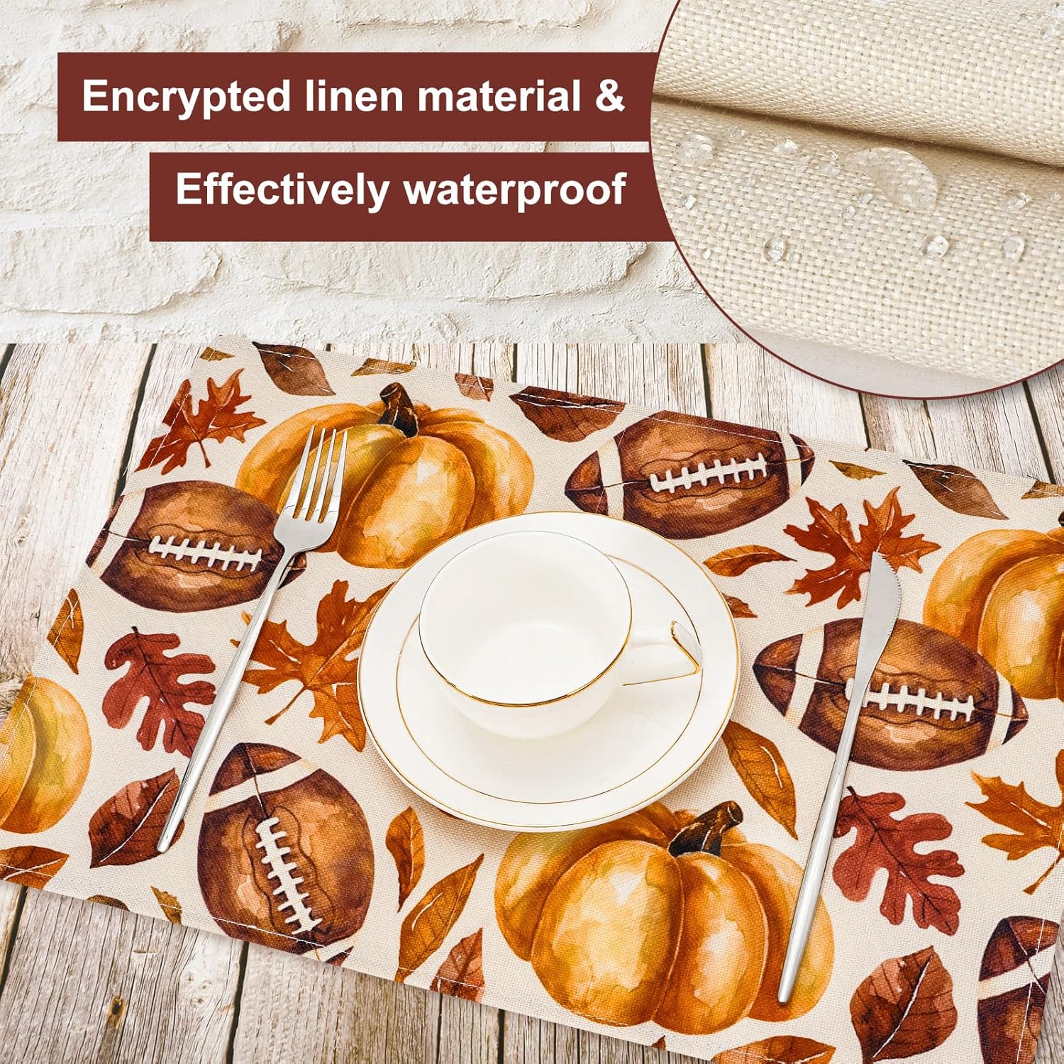 AnyDesign – Mantel individual de otoño, acuarela, calabaza, fútbol, hojas de arce, rústico, otoño, antideslizante, resistente al calor, decoración