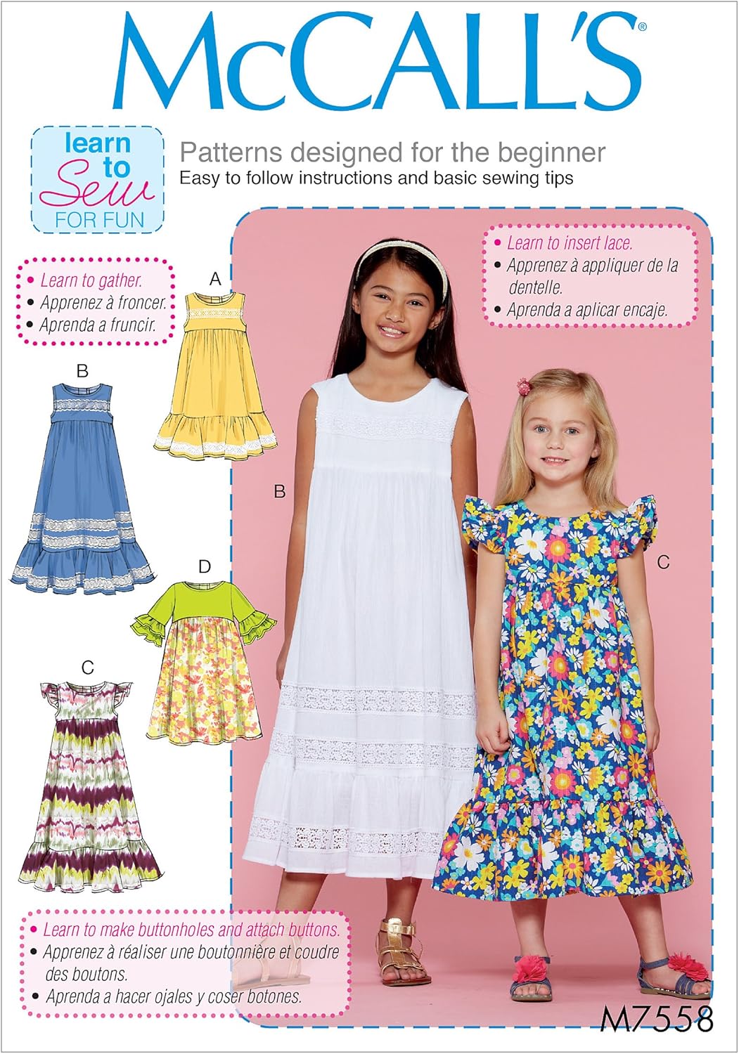 McCall’s Patterns Vestidos de cintura imperio sin mangas y mangas con volantes para niñosniñas