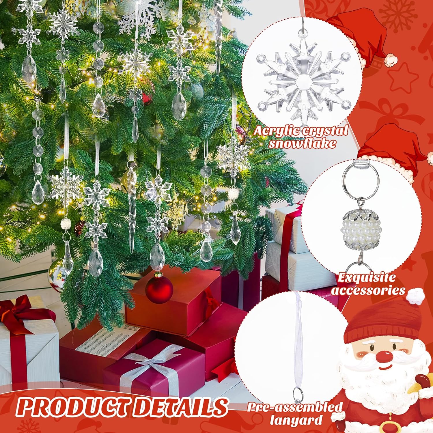 Soaoo 36 adornos de Navidad de cristal para decoración de árbol de Navidad, carámbano acrílico de copo de nieve con colgantes de gota, decoración de