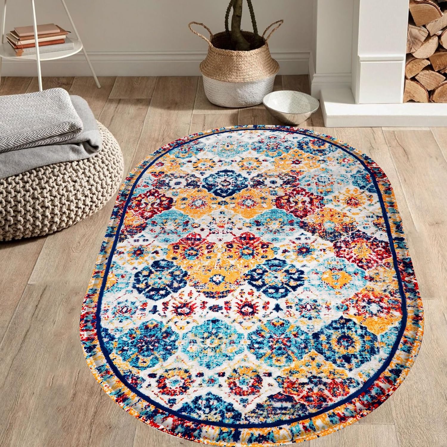 Alfombra marroquí de 3 x 5 pies, lavable, estilo vintage, suave, ovalada, de lana sintética, estilo bohemio, para baño, antideslizante, alfombra de