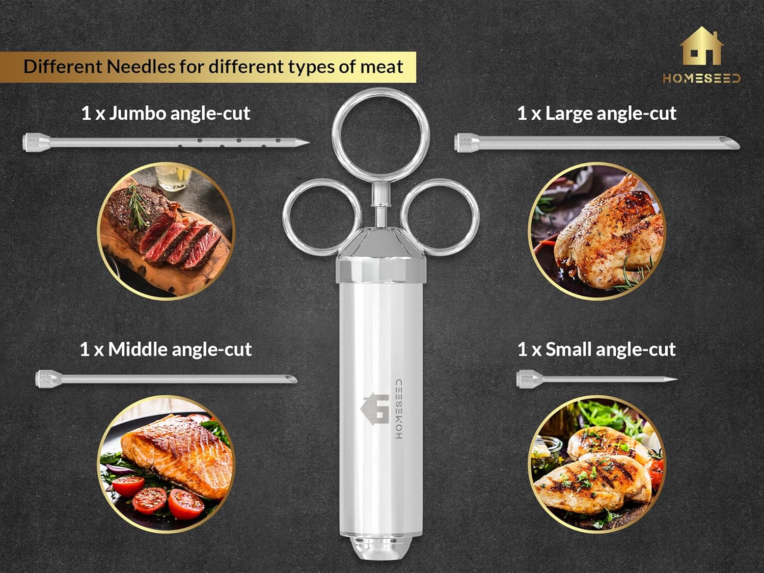 HOMESEED Inyector de carne – Inyector de adobo para ahumar y asar a la parrilla – Incluye 4 agujas de inyección y suministros de limpieza – Hecho de