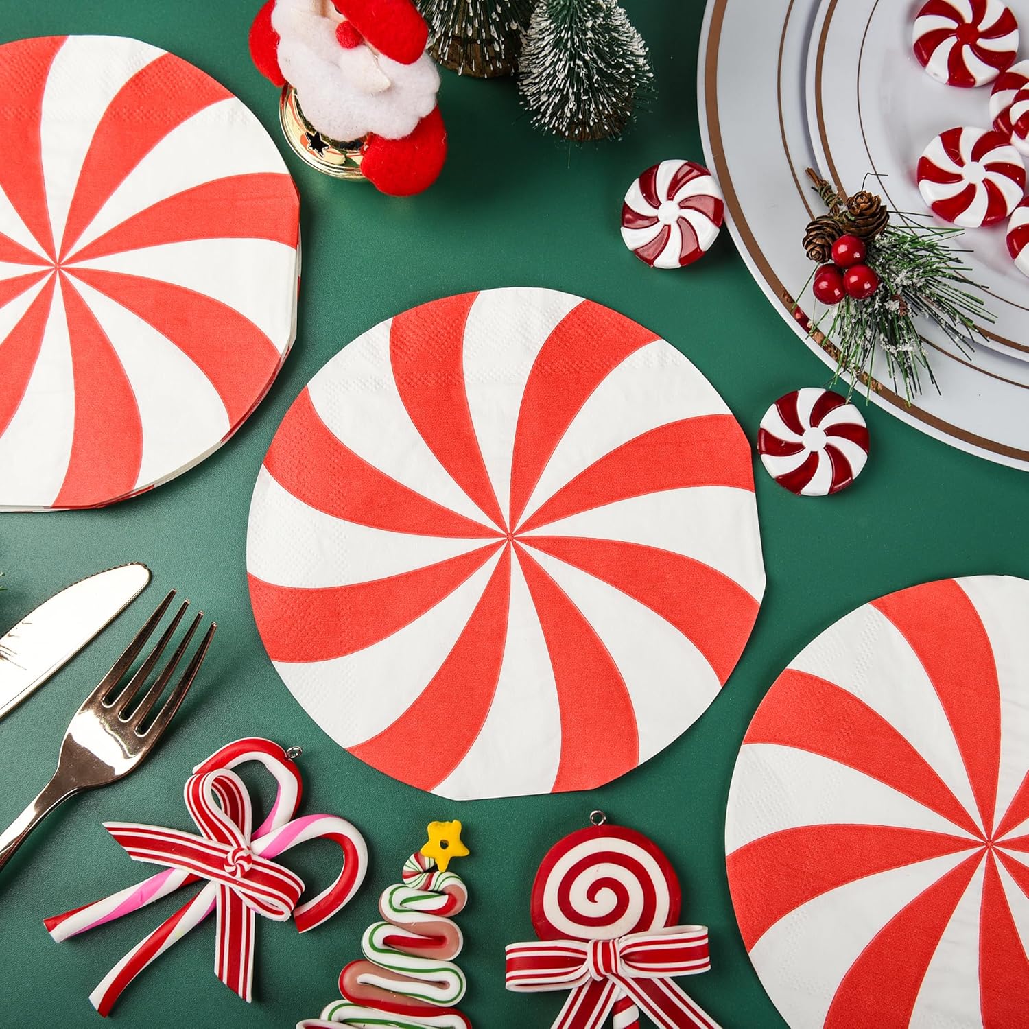 Servilletas de papel de Navidad, 100 servilletas desechables de caramelo de menta redondas, piruletas de Navidad, decoración de vajilla, servilletas