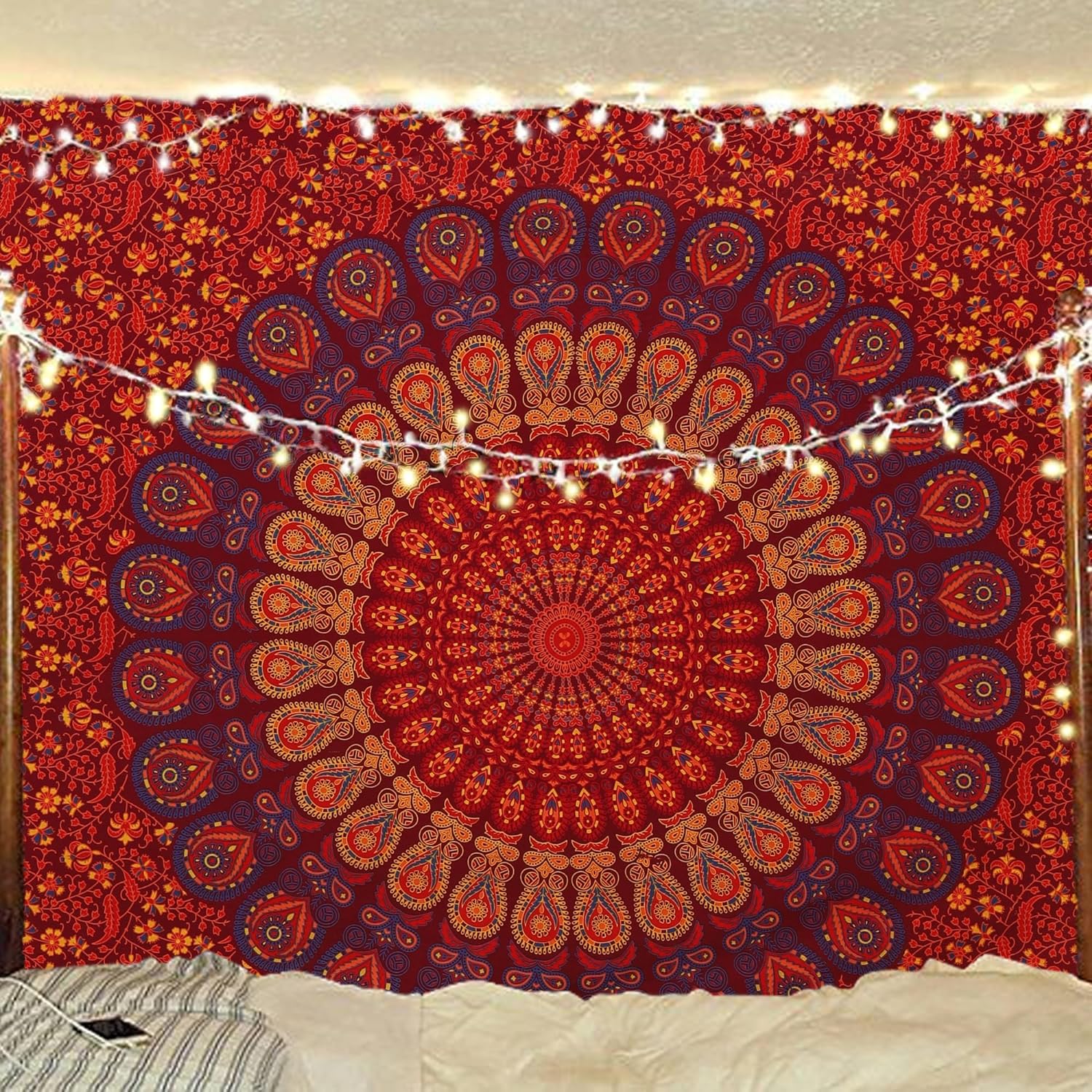 Tapiz hippie indio bohemio psicodélico dorado mandala de pavo real azul dorado para colgar en la pared (marrón dorado, granate, individual (54 x 72