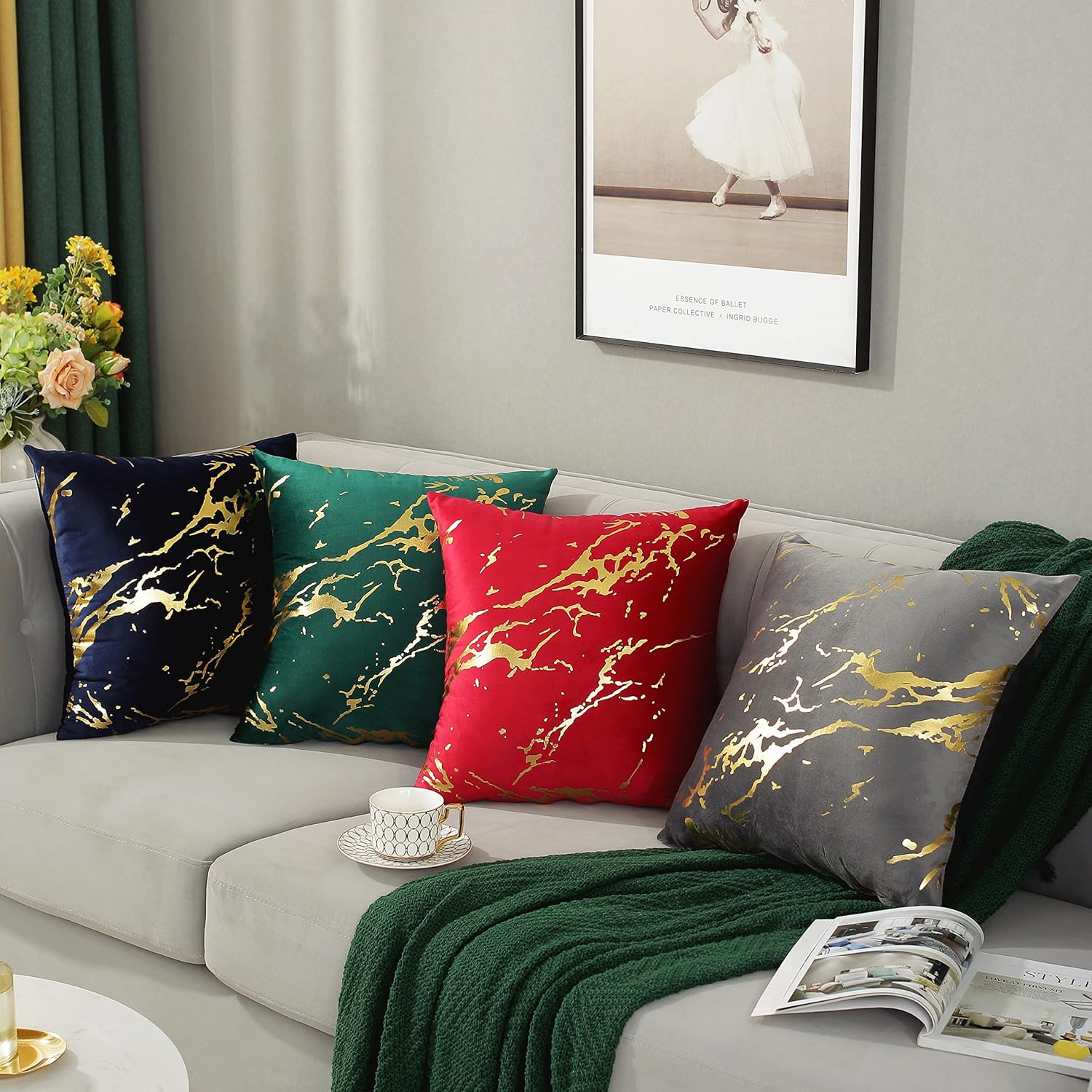 Juego de 2 fundas de cojín suaves de terciopelo con estampado geométrico de mármol y líneas de bronce geométrico para sofá, cama, decoración del