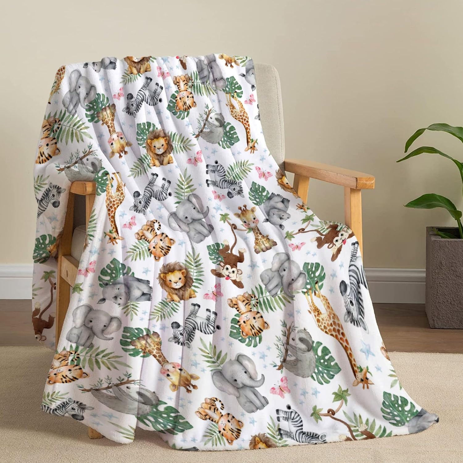 Linda manta de franela de animales de la selva, súper suave y ligera, para niños, adultos, adecuada para sofá, cama, campamento, viajes, todas las